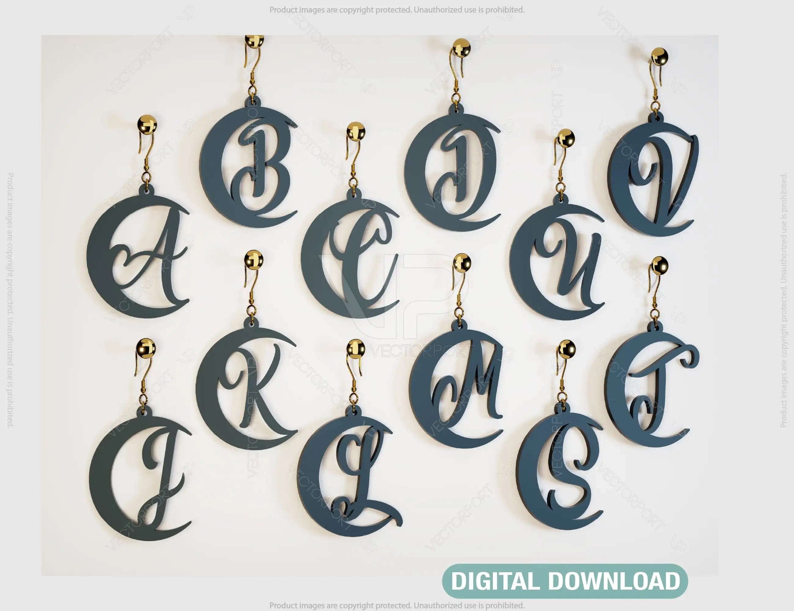 Crescent Alphabet Earrings Craft Jewelry Pendants Set Drop Laser cut Earrings SVG Template Silhouette Cut Files, Cricut Cut Files |#U017| VectorPort