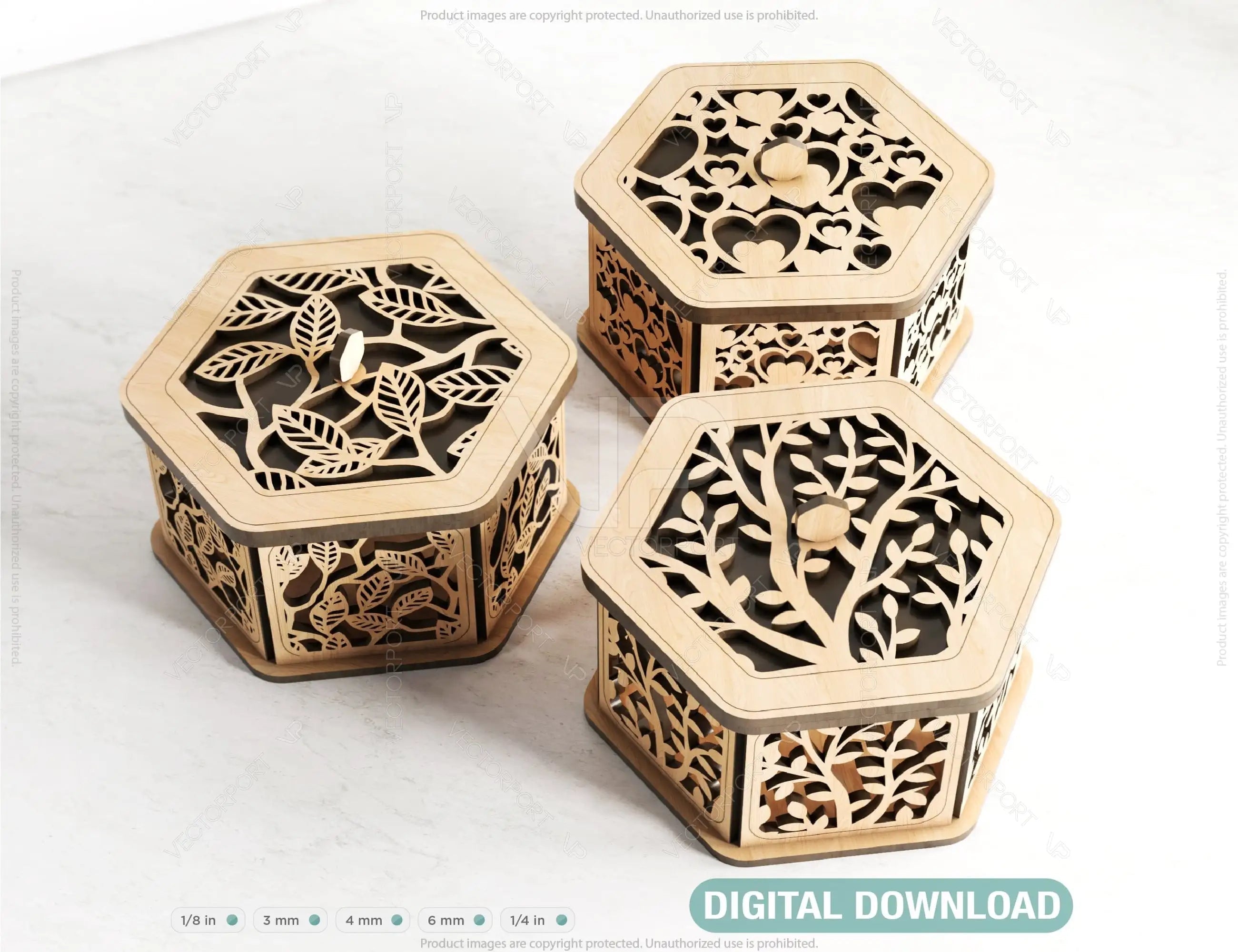 Hexagon Decorative Wooden Gift box Laser Cut Wedding favour laser cut jeweler case plywood Cut Files |#U029| VectorPort