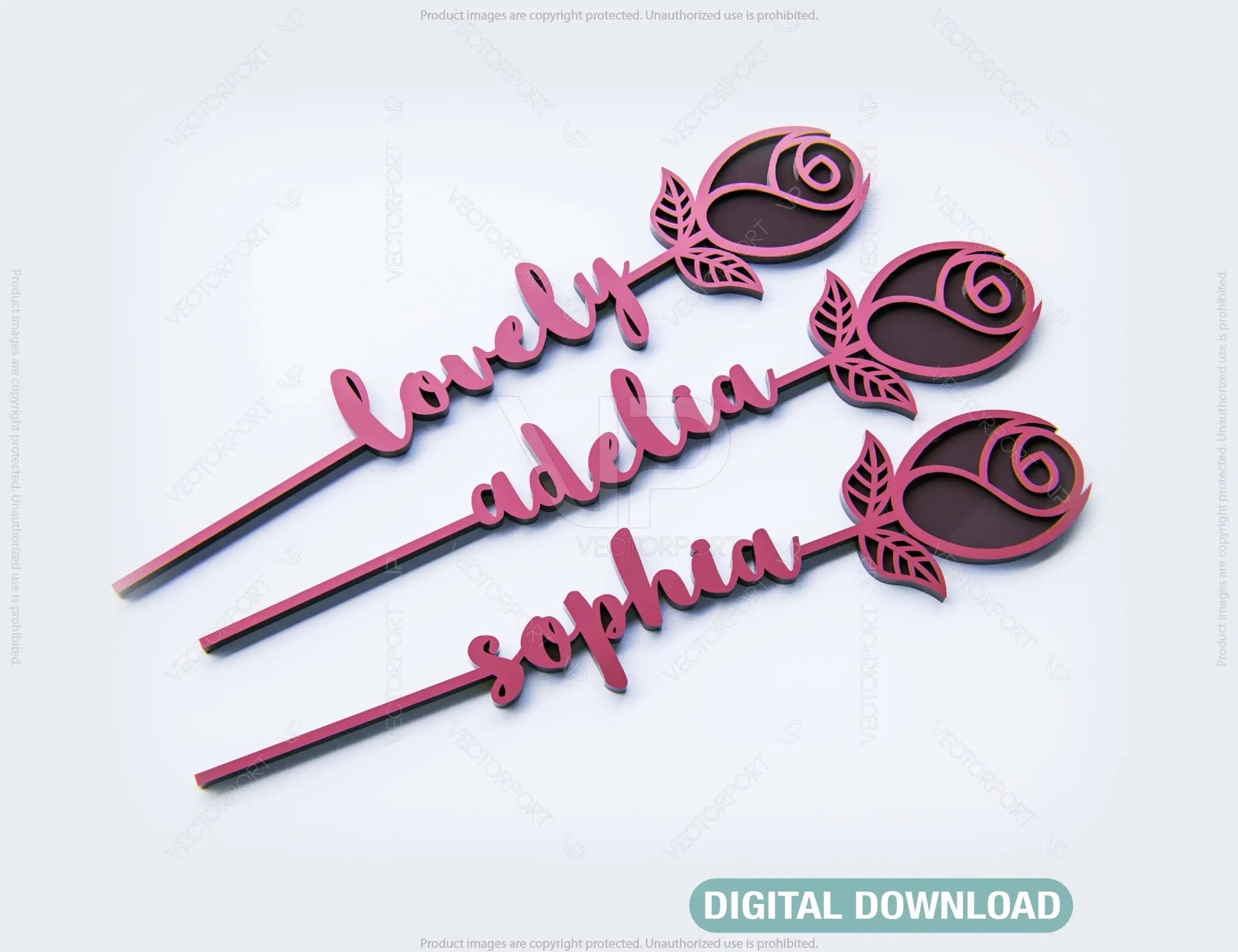 Rose - Laser Personalized Cut Out Art Valentine Day Acrylic wood Flower with name editable Cut Files |#U030| VectorPort