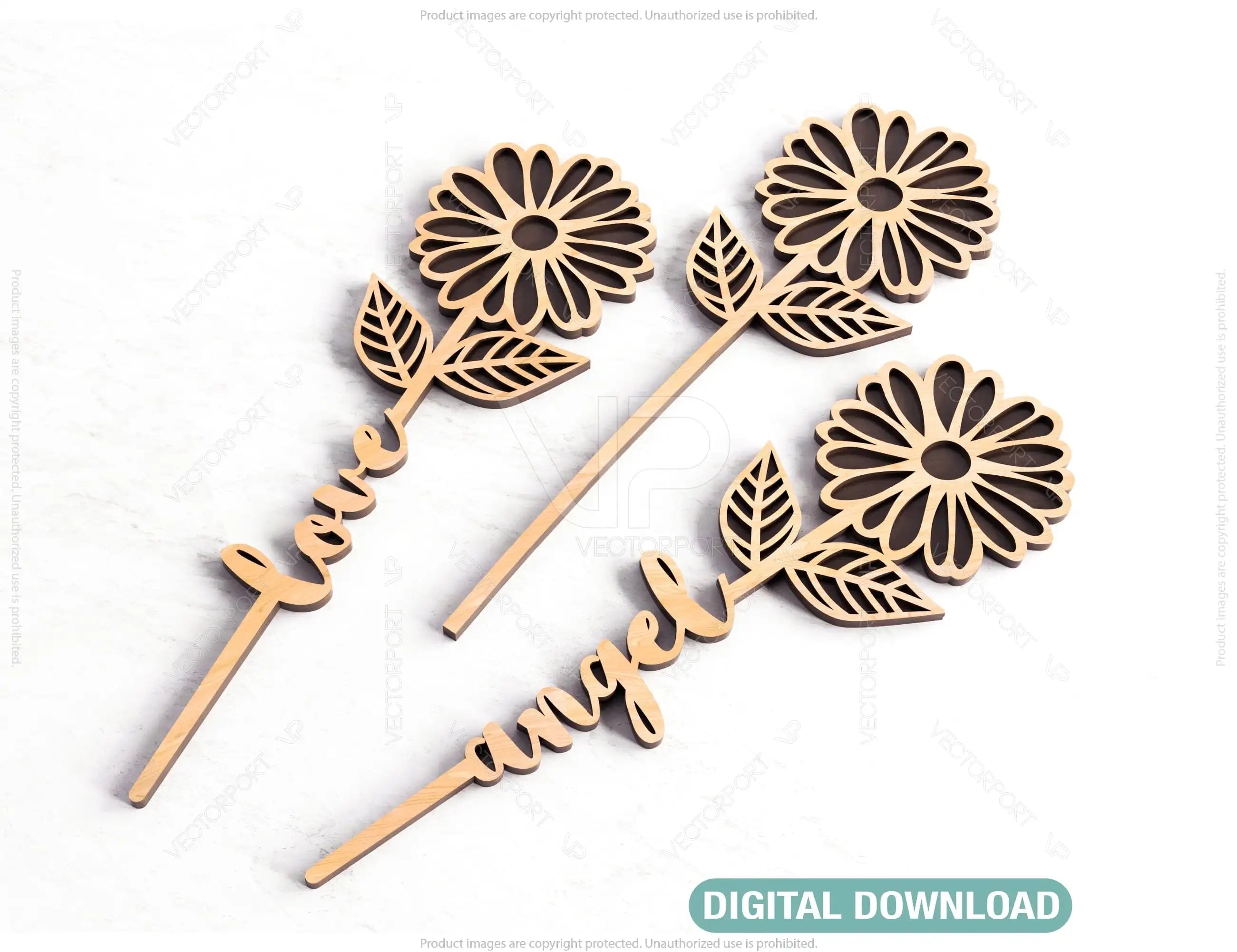Daisy - Laser Personalized Cut Out Art Valentine Day Acrylic wood Flower with name editable Cut Files |#U033| VectorPort