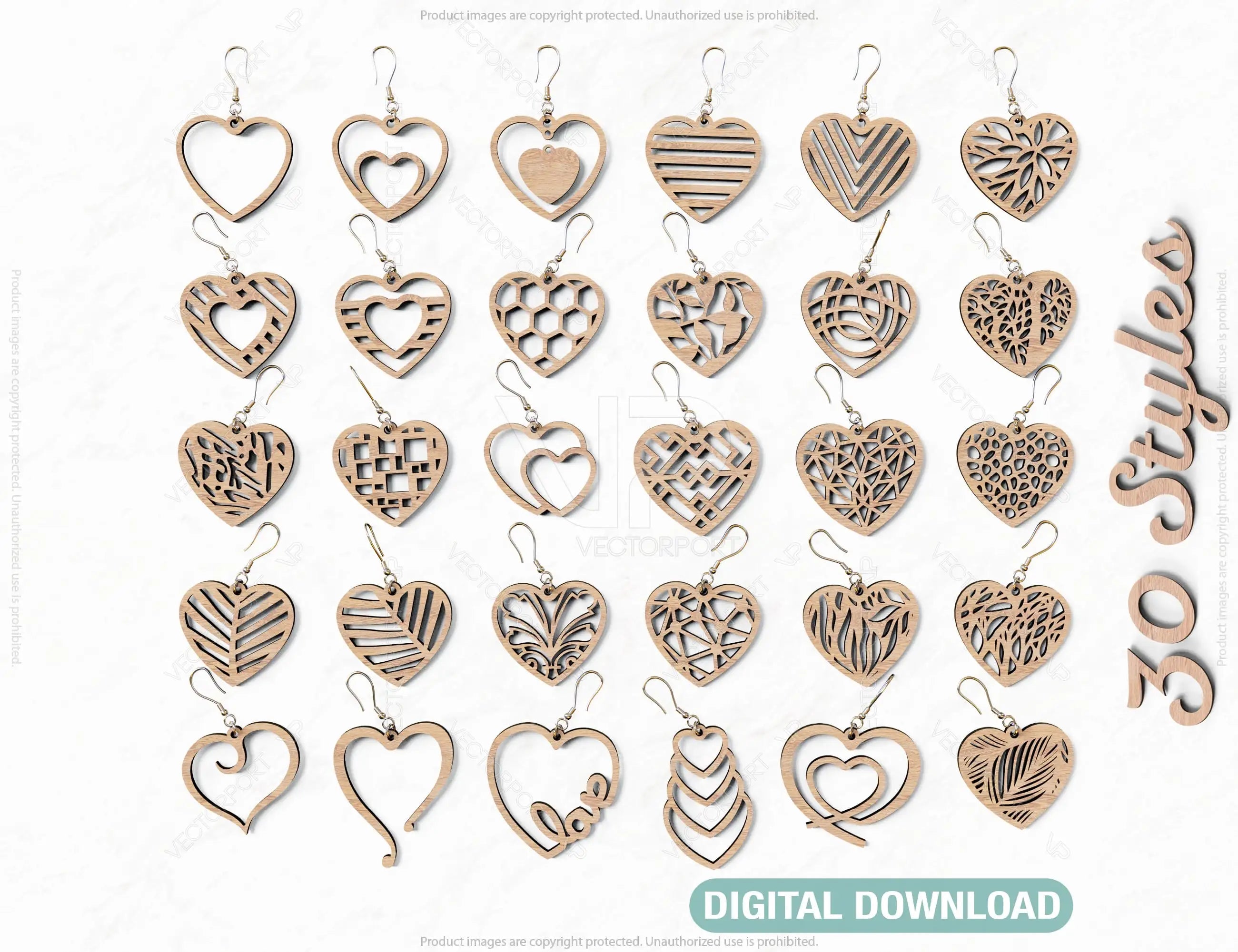 Heart Earring Svg 30 styles Glowforge Cricut Jewelry Pendants laser cut | SVG, DXF, AI |#048| VectorPort