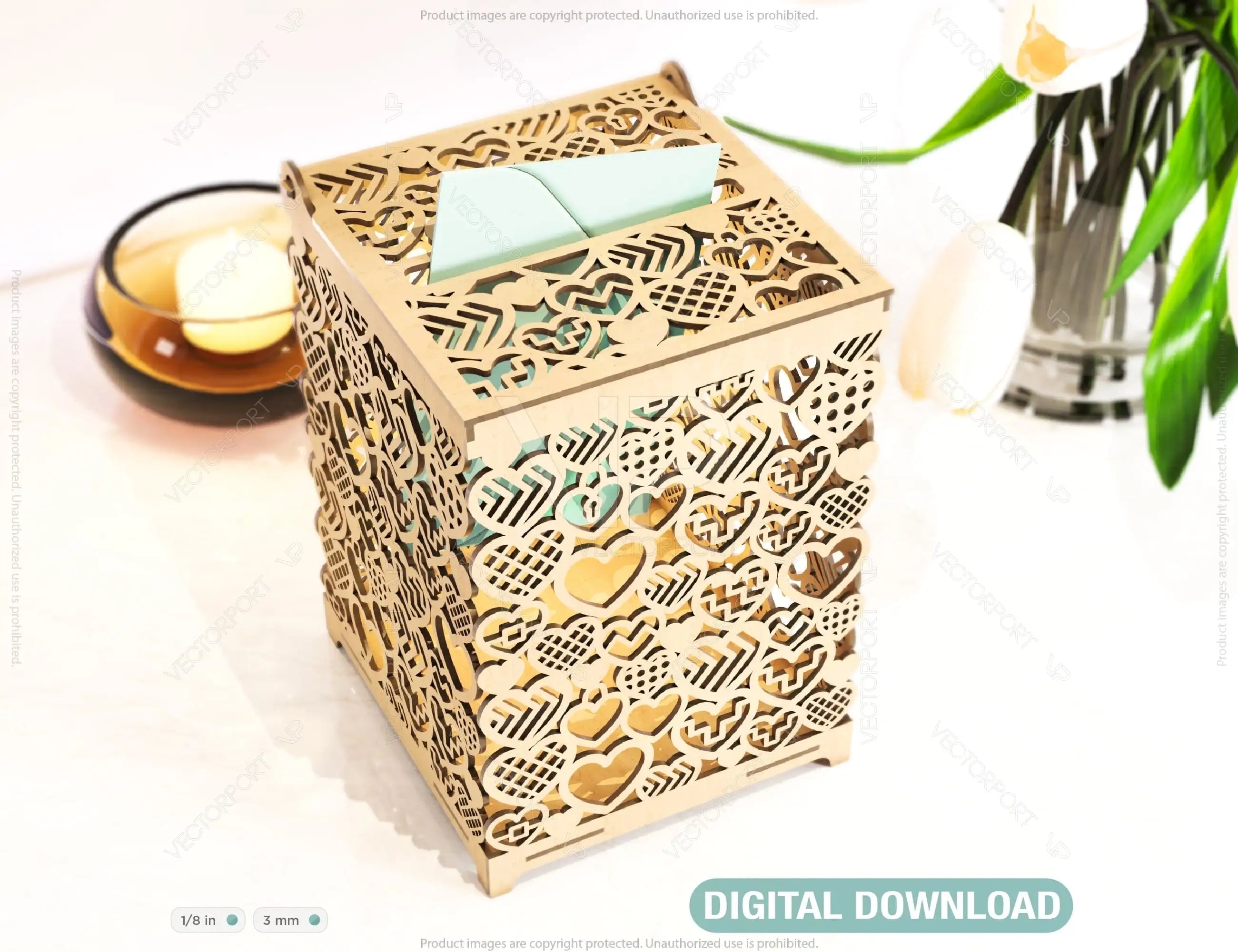 Heart Pattern Decorative Wedding Gift Card Box Decoration Wooden Card Money Box Case With Lock Envelope Invitation Box SVG |#U053| VectorPort
