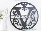 Floral Round Personalized Split Regal Monogram Alphabet Letters Laser Cut Name Sign Customizable Template |#U056| VectorPort