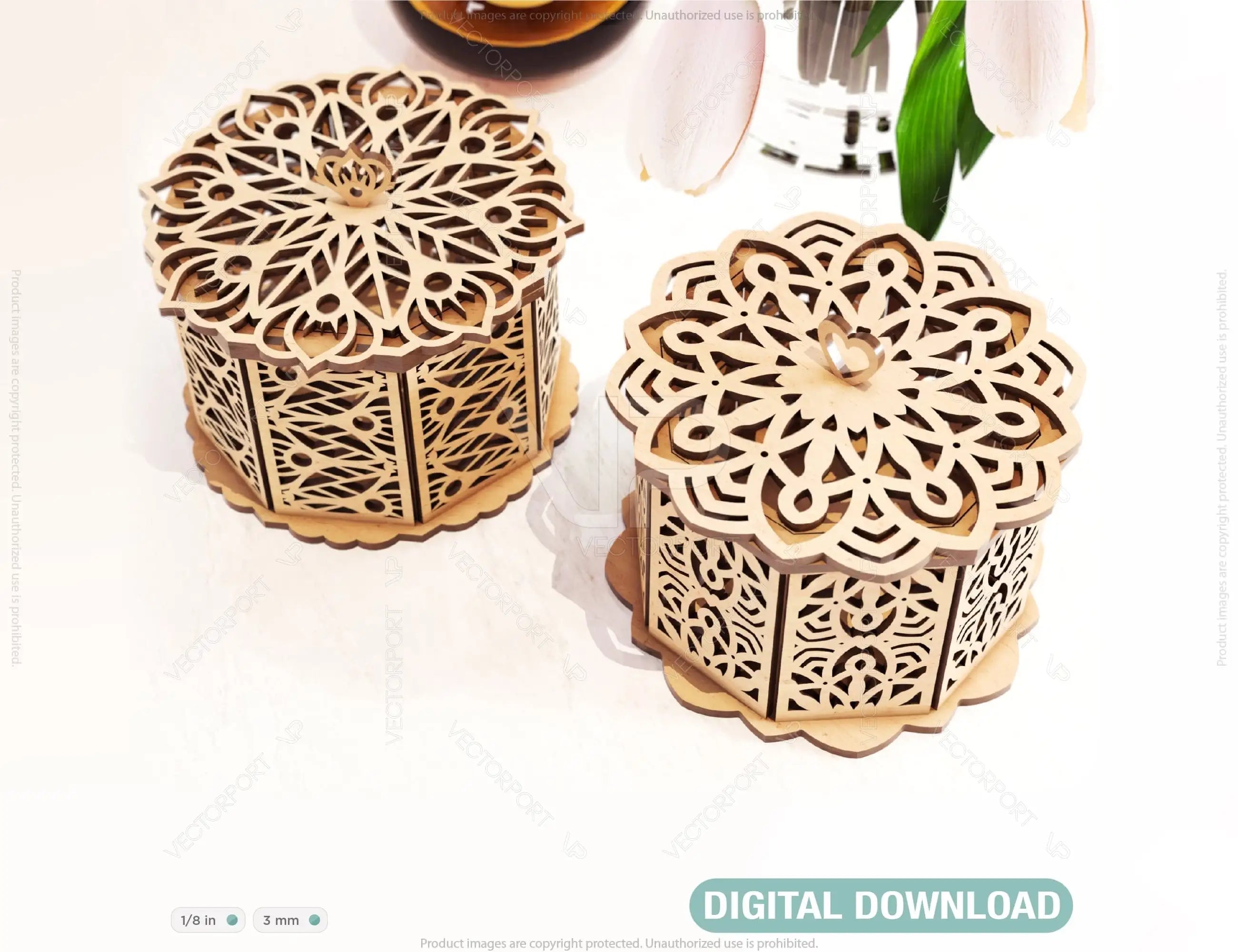 Decorative Wooden Gift box laser cut jeweler case Wedding Love vector model Glowforge cut file |#U061| VectorPort