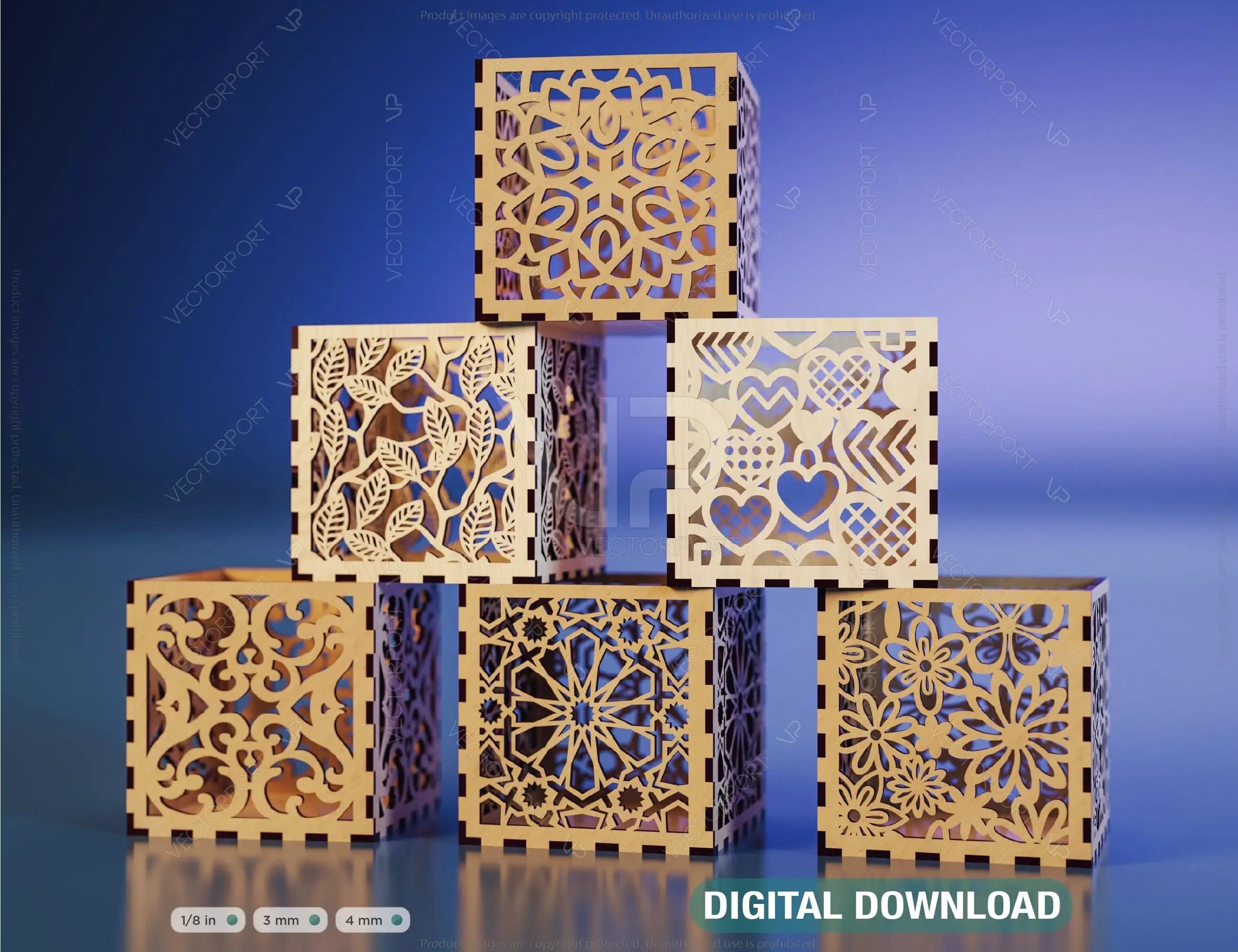 Decorative Laser Cutting Wooden Box Geometric Ornamental Gift Box Candle holder template Wedding | SVG, DXF |#U062| VectorPort