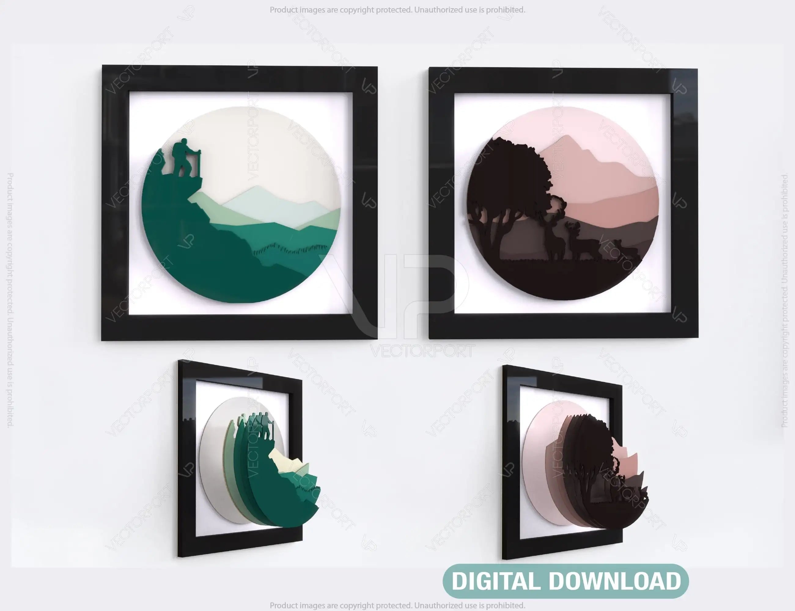 Mountains Deer Human animals landscape multilayer shadow box Painting Frame Wall Decoration SVG |#U068| VectorPort