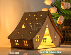 Wooden Tent Shape Laser Cut Night Light Lamp Mdf Laser Cutting Camping Tent Home Lampshade Table Candle Holder Tea light SVG |#U069|