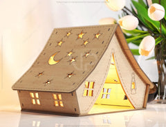 Wooden Tent Shape Laser Cut Night Light Lamp Mdf Laser Cutting Camping Tent Home Lampshade Table Candle Holder Tea light SVG |#U069|