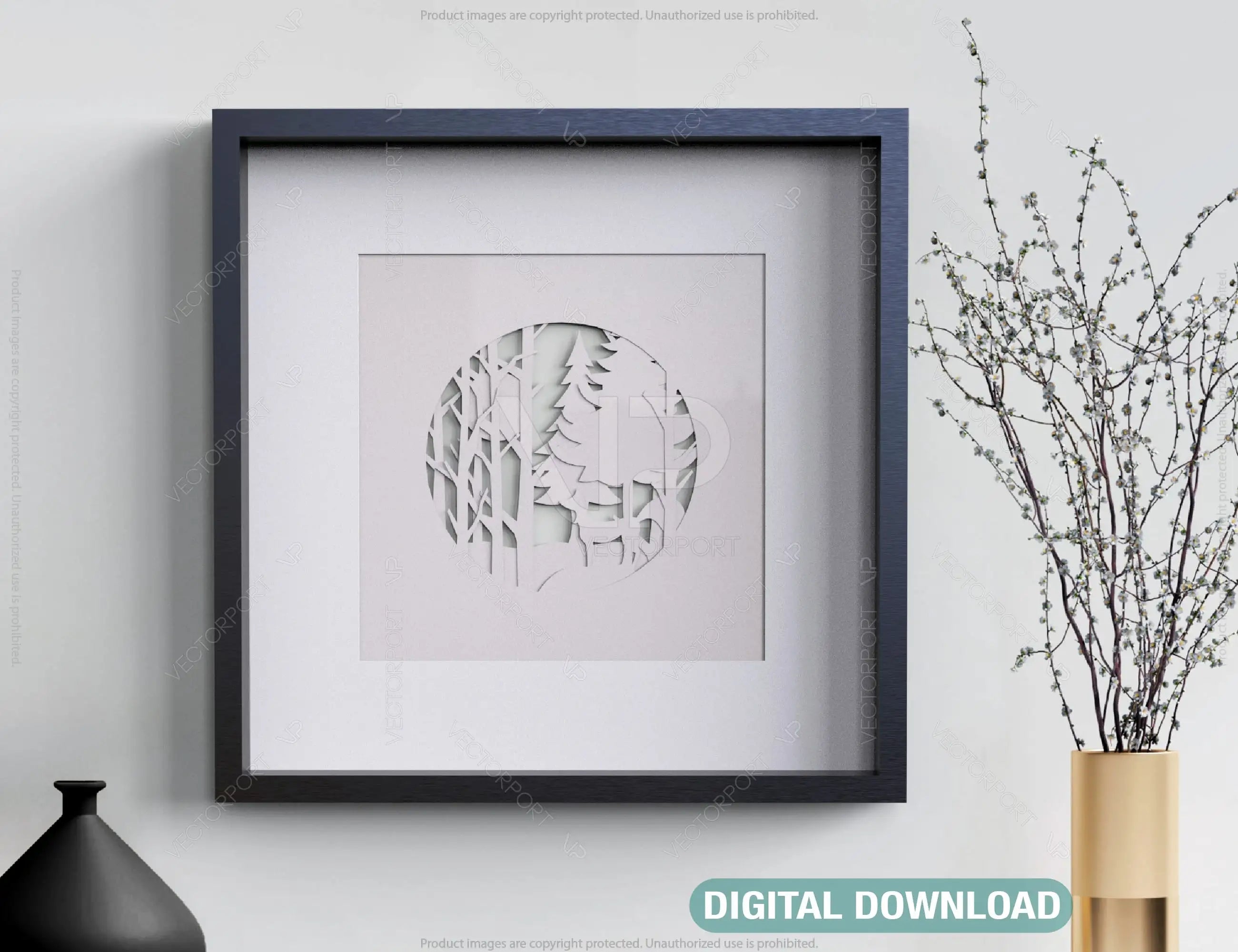 Winter scene with deer landscape multilayer shadow box Frame Wall Decor | SVG, DXF, AI |#073| VectorPort
