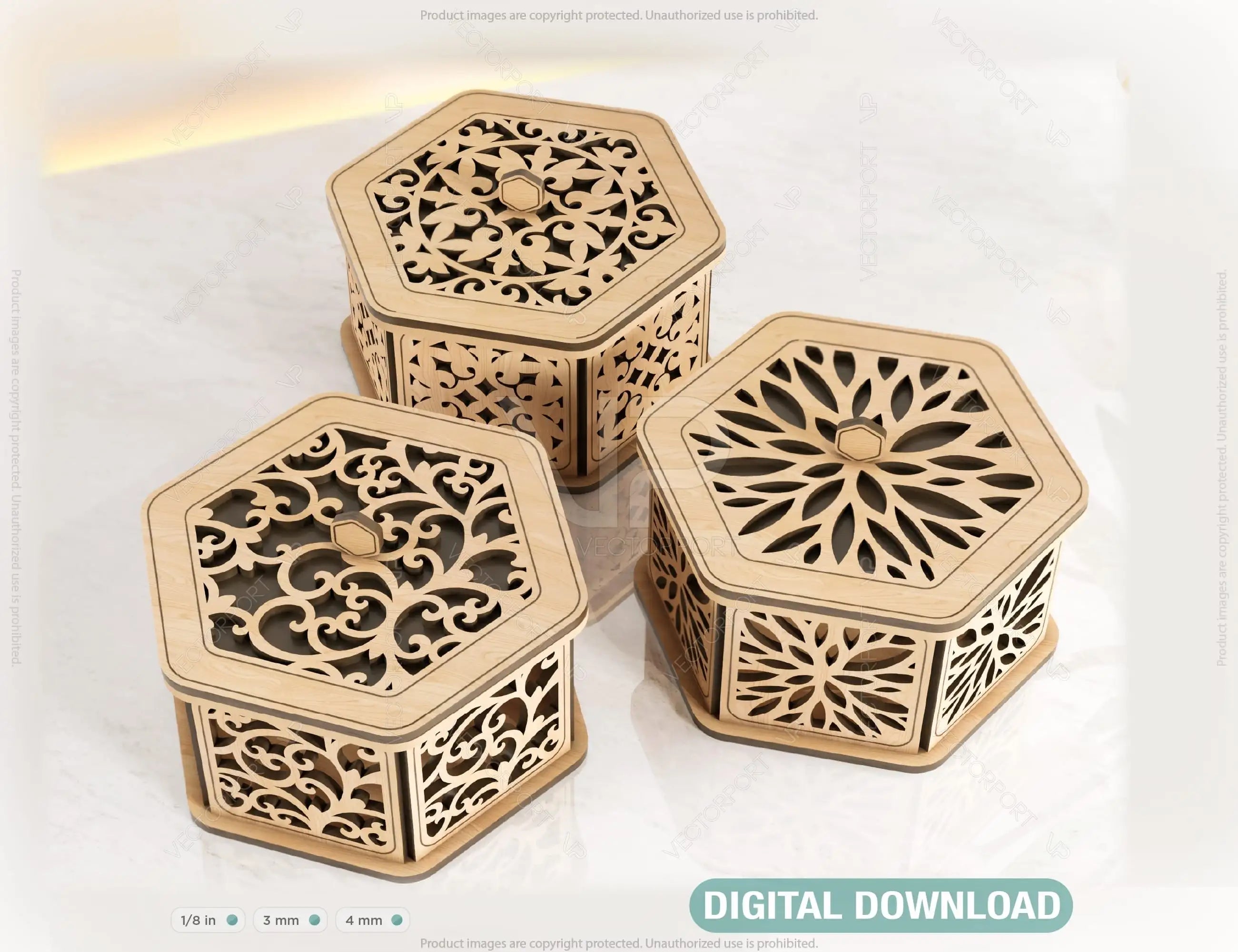 Hexagon Decorative Wooden Gift box Laser Cut Wedding favour laser cut jeweler case plywood Cut Files |#U079| VectorPort