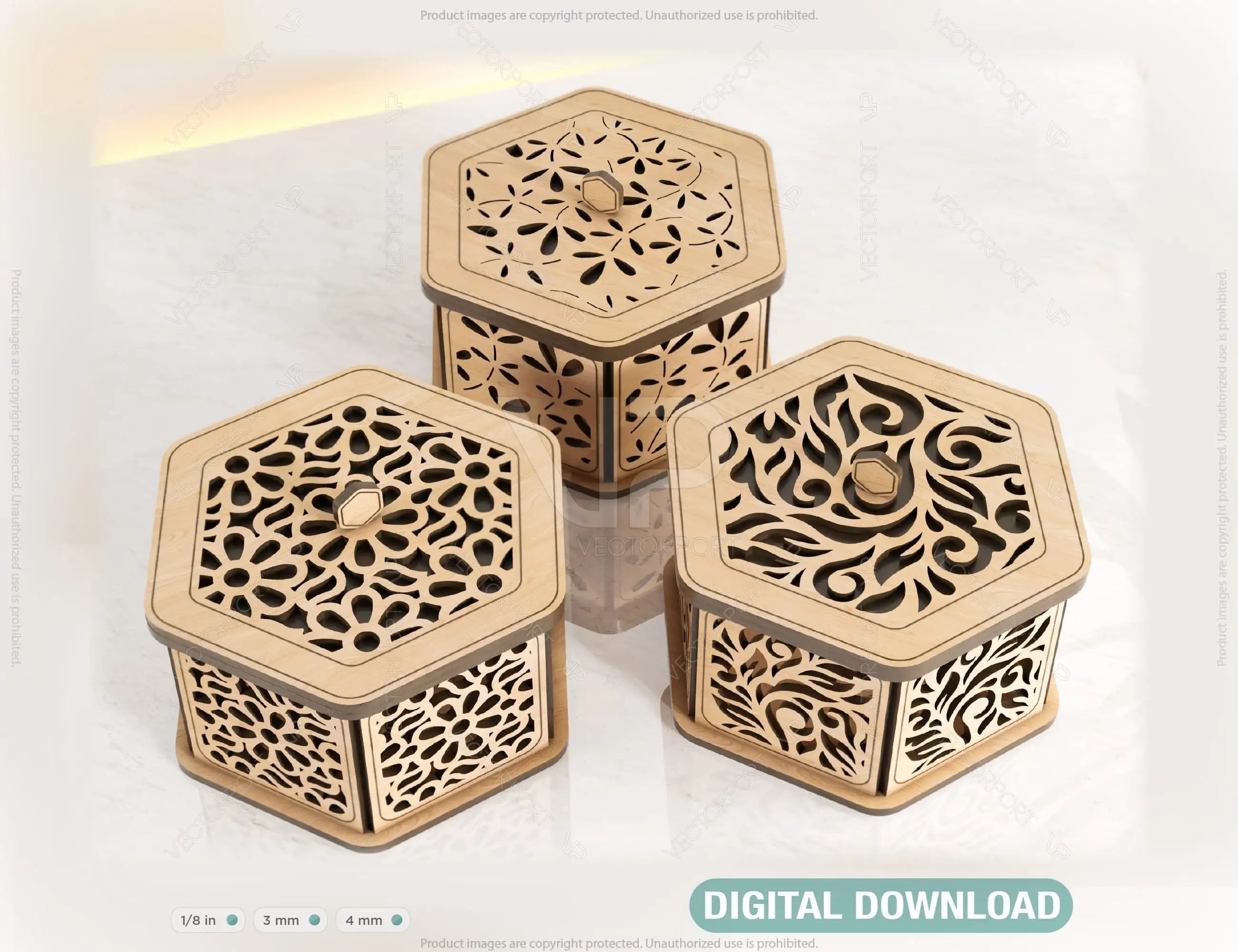 Hexagon Decorative Wooden Gift box Laser Cut Wedding favour laser cut jeweler case plywood Cut Files |#U081| VectorPort