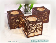 Tree Flowers Candle Holder Laser Cut with leaves Lamp wood Tea light Lantern Votive Gift SVG |#U085|