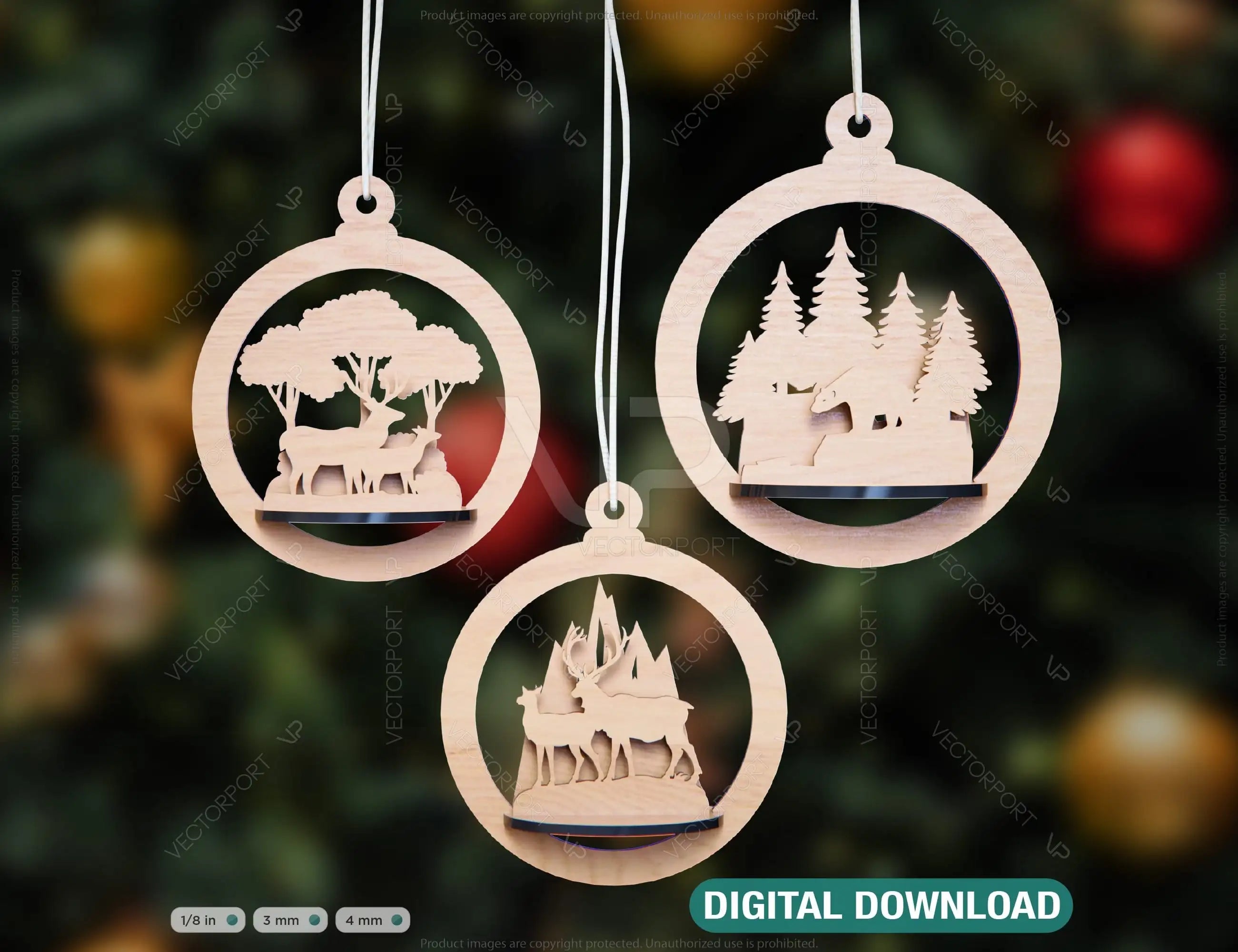 Tree Bear Bauble Wood 3D Laser Cut Christmas Ball Ornament Round Design set Tree Decorations lasercut SVG Cricut Glowforge |#U088| VectorPort