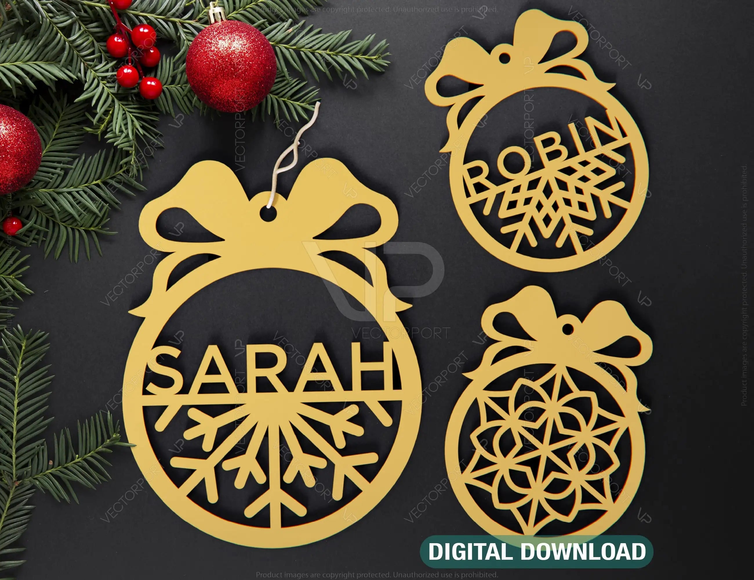 Personalized name Christmas ornaments Custom baubles set Tree Decorations Craft Hanging lasercut SVG Cricut Glowforge | SVG, DXF, AI |#093| VectorPort