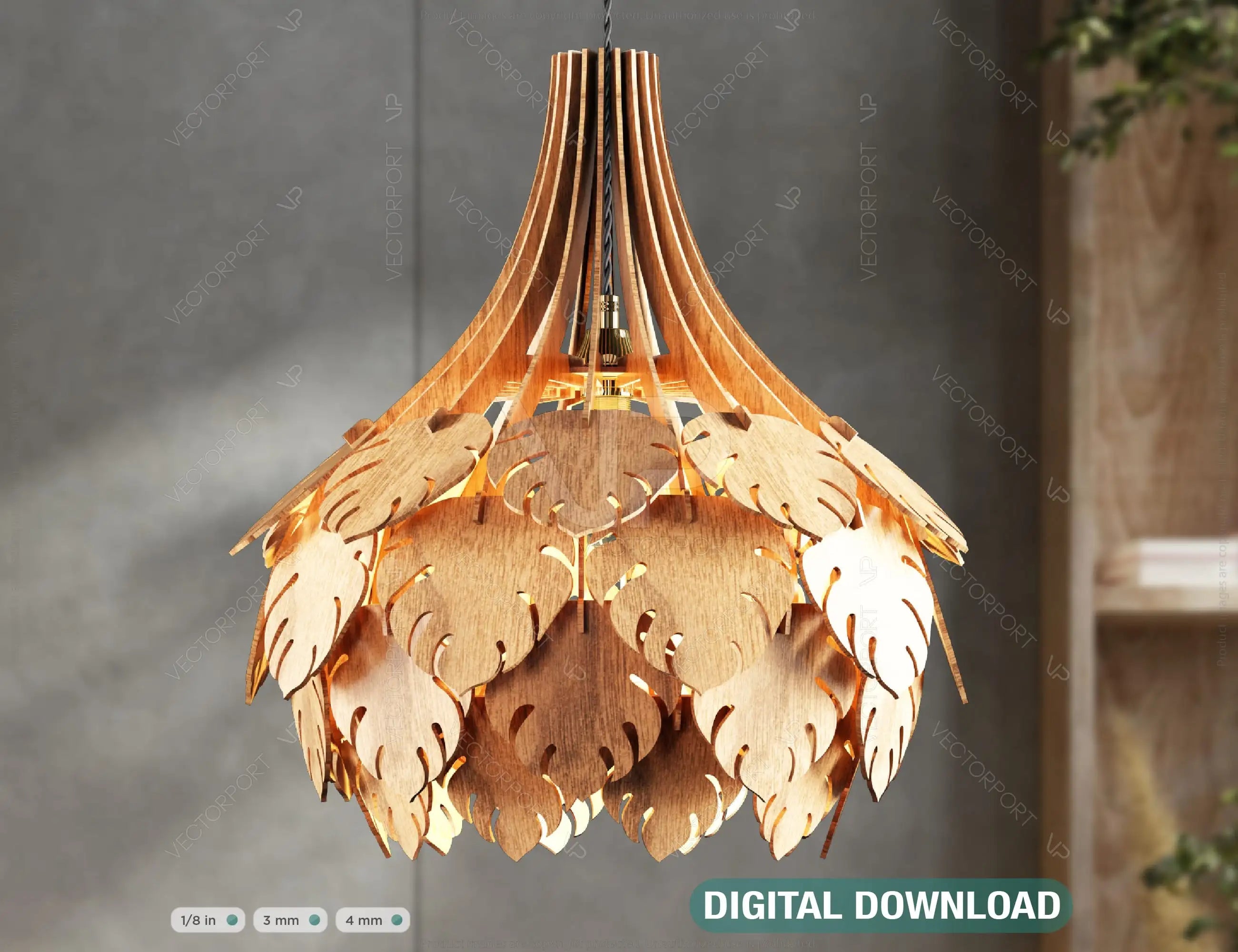 Tropical Leaves Cone Hanging wooden chandelier lamp shade Pendant light template svg laser cut 1/8 inch plywood| SVG, DXF, AI |#100| VectorPort