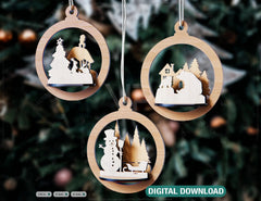 Tree Bear Bauble Wood 3D Laser Cut Christmas Ball Ornament Round Design set Tree Decorations lasercut SVG Cricut Glowforge |#U108| VectorPort