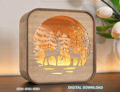 Wooden Night Lamp Deer Forest Scene Multilayer Shadowbox Laser Cut Lampshade Table Tea light Digital Download |#U109|