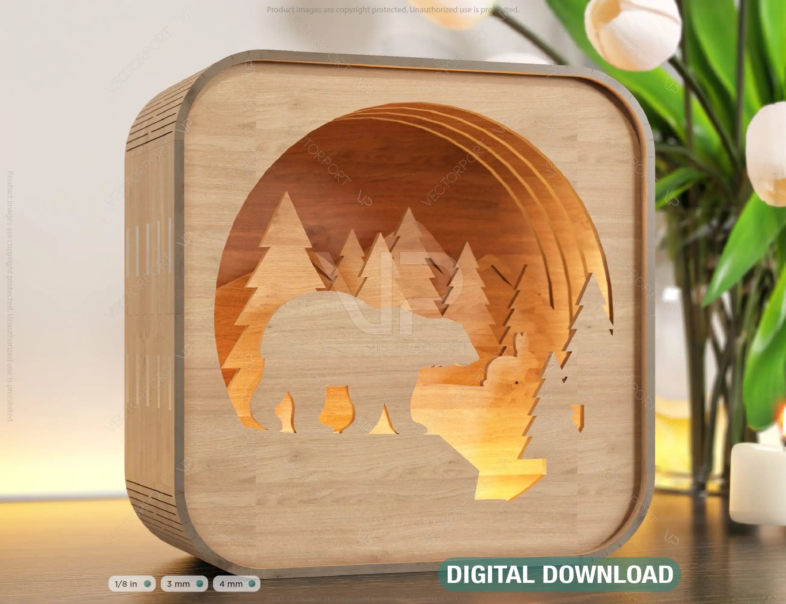 Wooden Night Lamp Bear Forest Scene Multilayer Laser Cut Lampshade Table Tea light |#U111| VectorPort
