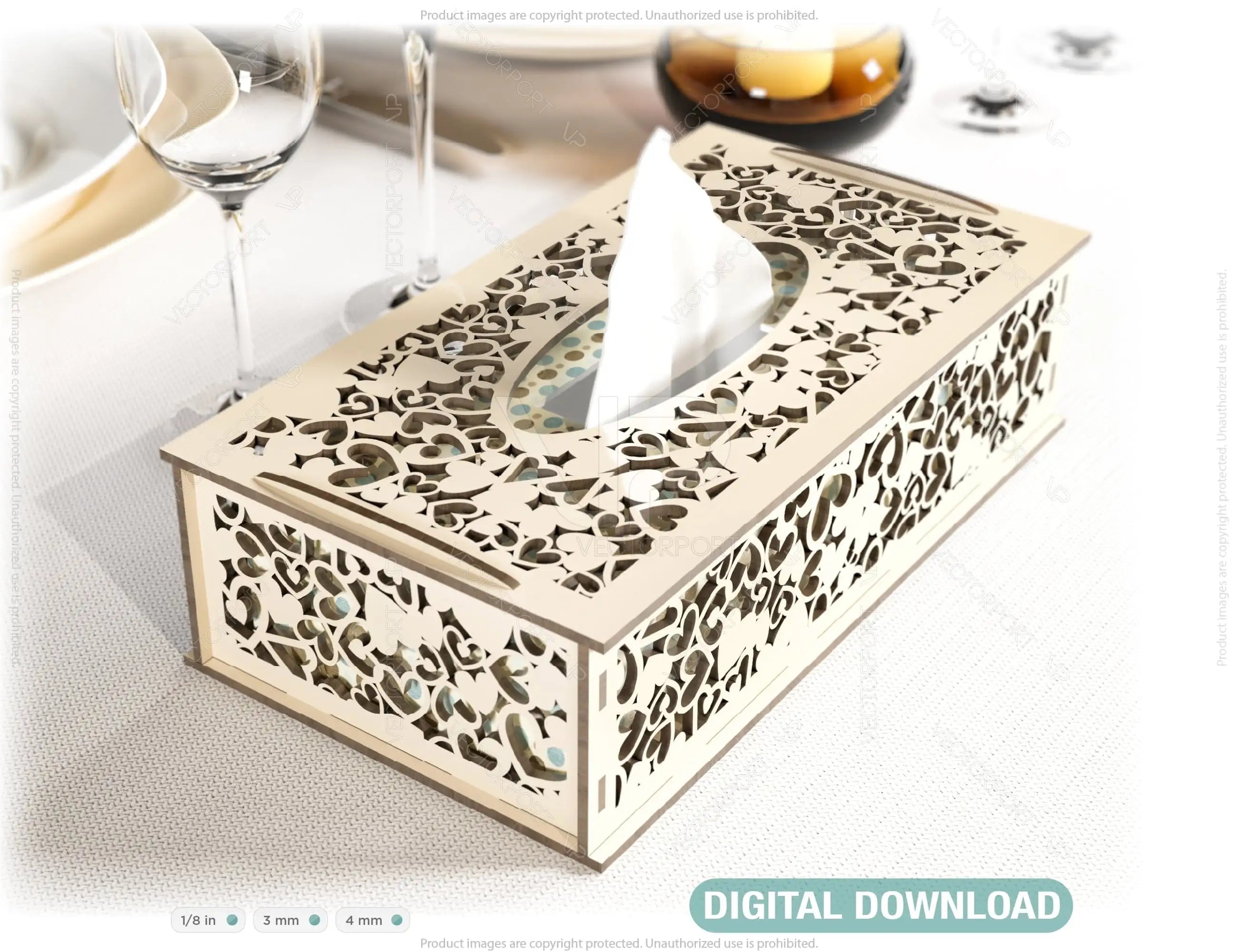 Decorative Laser Cut Tissue Box heart shape Tabletop wooden napkin cover Glowforge SVG |#U120| VectorPort