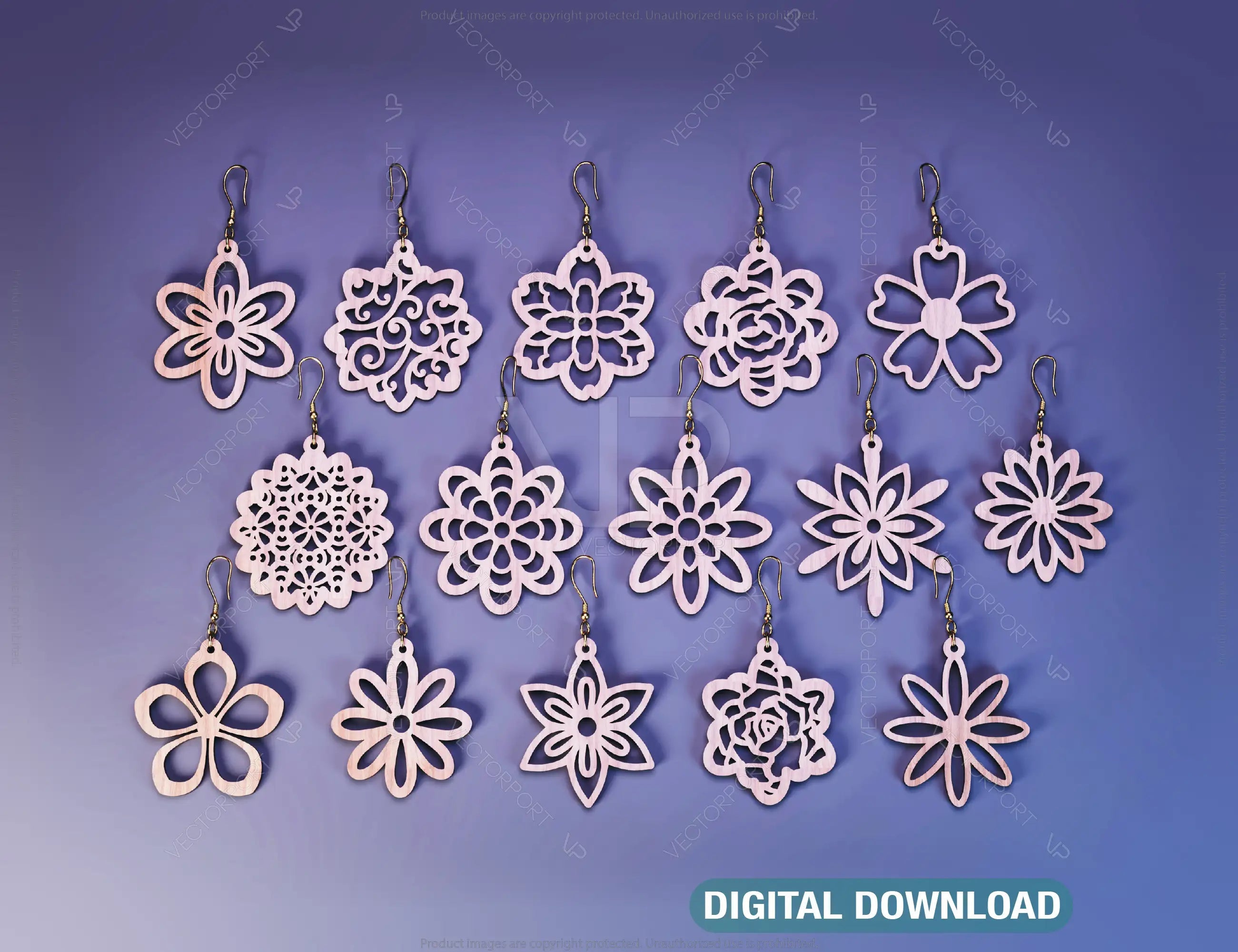 15 Flowers Earrings bundle Laser Cut tear drop templates for Women Jewelry Wooden Glowforge Pendants | SVG, DXF, AI |#122| VectorPort