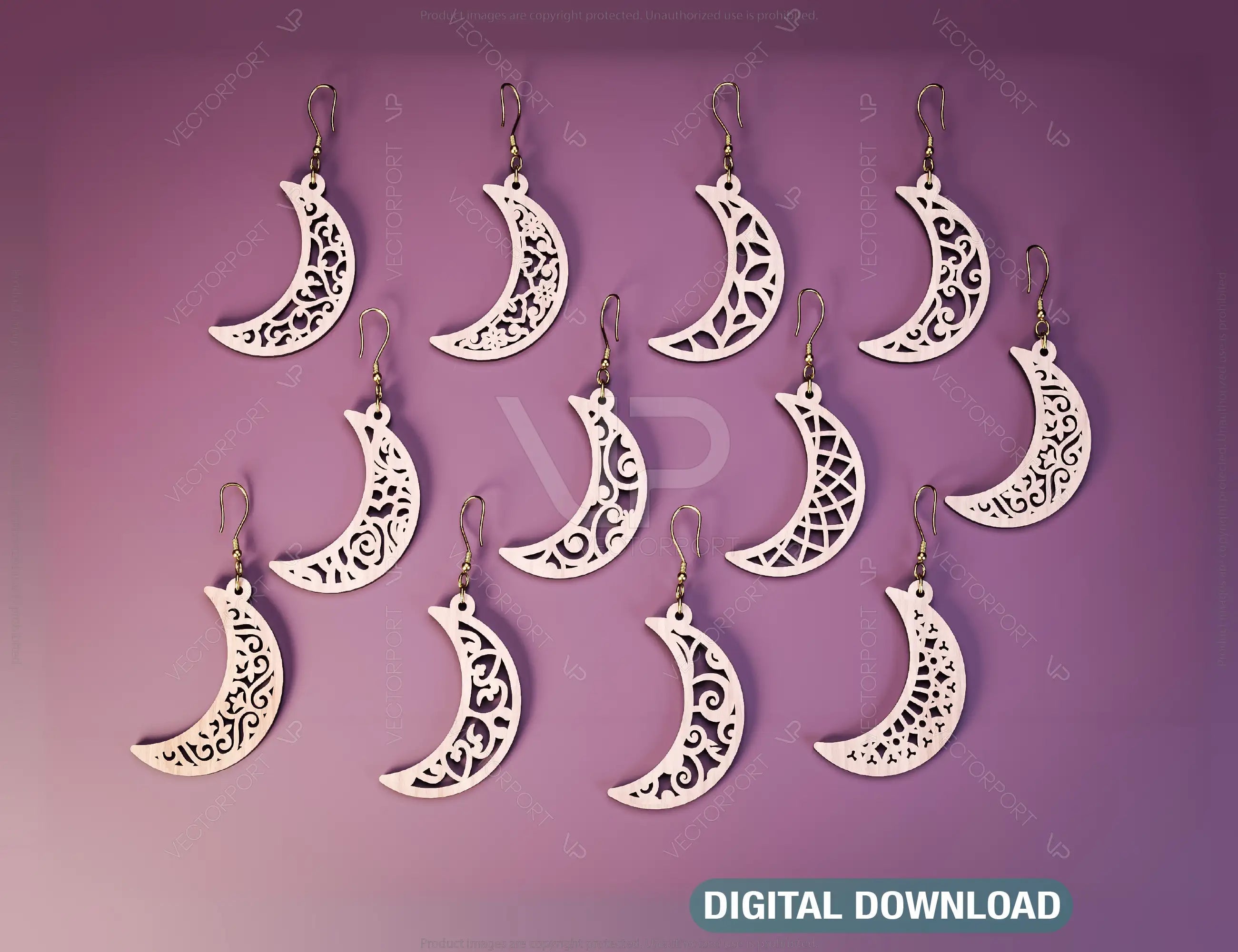 12 Floral Crescent Earrings Moon Earring bundle Laser Cut for Women Jewelry Wooden Glowforge Pendants | SVG, DXF, AI |#123| VectorPort