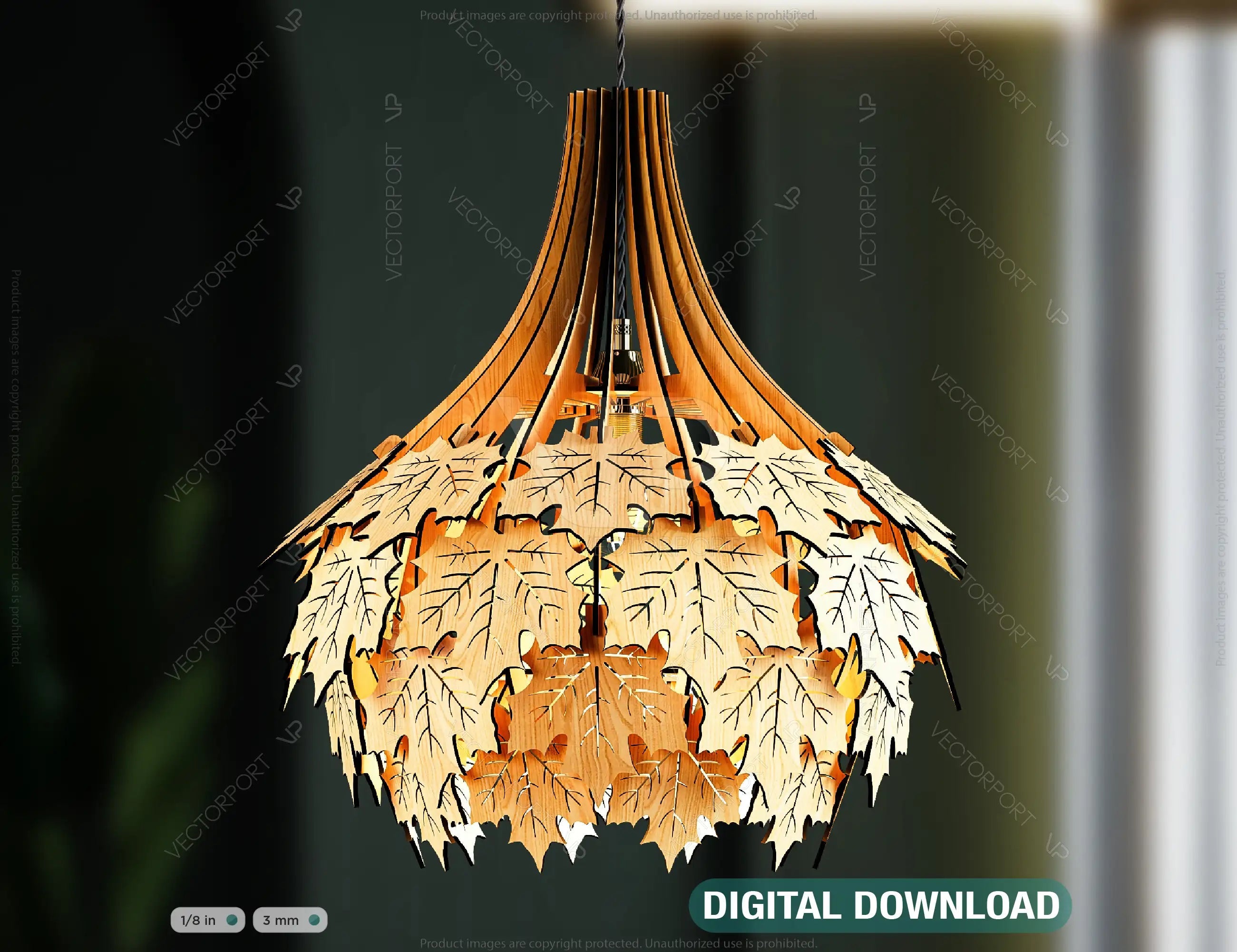 Scandinavian Maple leaves Hanging wooden chandelier lamp shade Pendant light template svg laser cut plywood| SVG, DXF, AI |#128| VectorPort