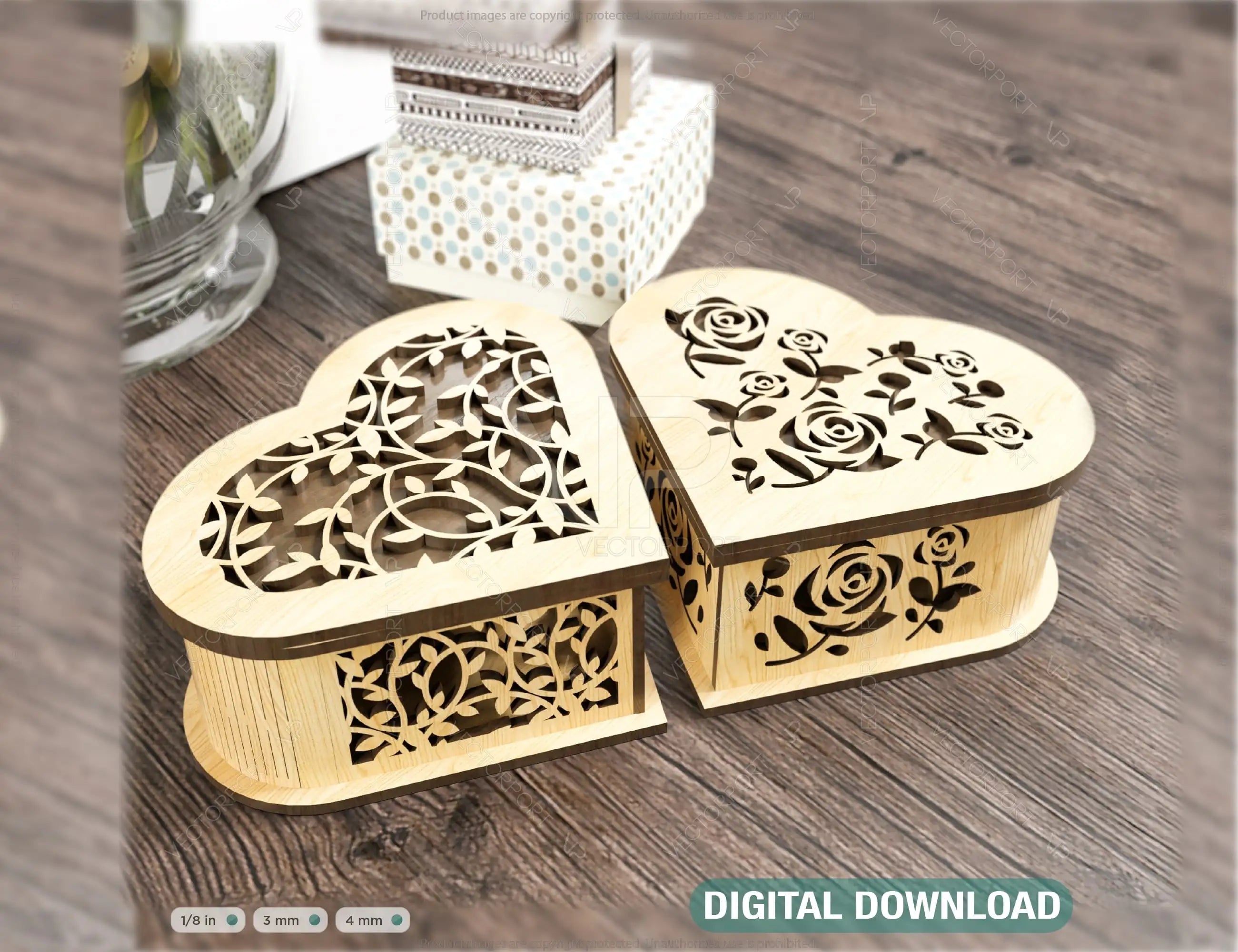 Wooden Heart shaped Jewelry laser cut Box template Wedding Love story vector model Jewelry box cut file | SVG, DXF |#U131| VectorPort