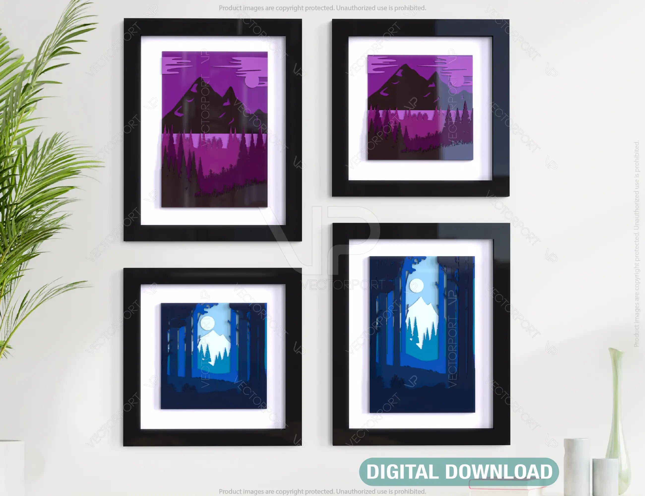 Night Mountains landscape scene multilayer shadow box Painting Frame Wall Decoration Art | SVG, DXF, AI |#133| VectorPort