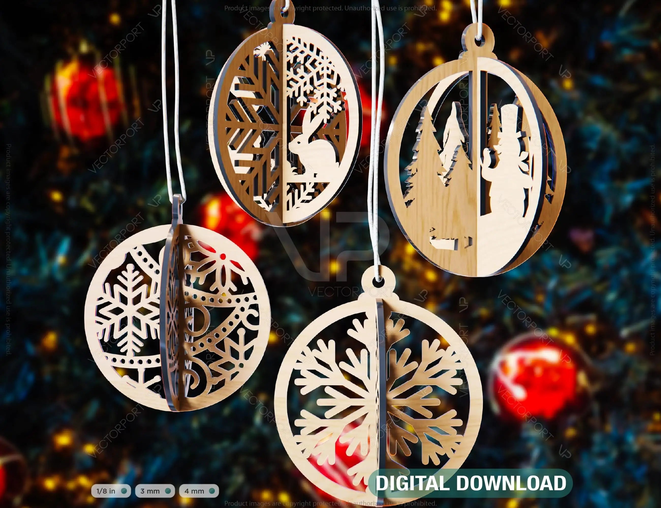 New Year 2023 Tree Bauble Wood 3D Laser Cut Christmas Ball Ornament Round Set Tree Decorations laser cut SVG Glowforge |#U136| VectorPort