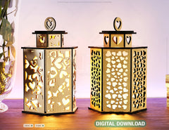 Wooden Decorative Lantern Laser Cut Heart shape Night Light 3D Laser Cutting opener Lampshade Table Candle Holder | SVG, DXF, AI |#137|