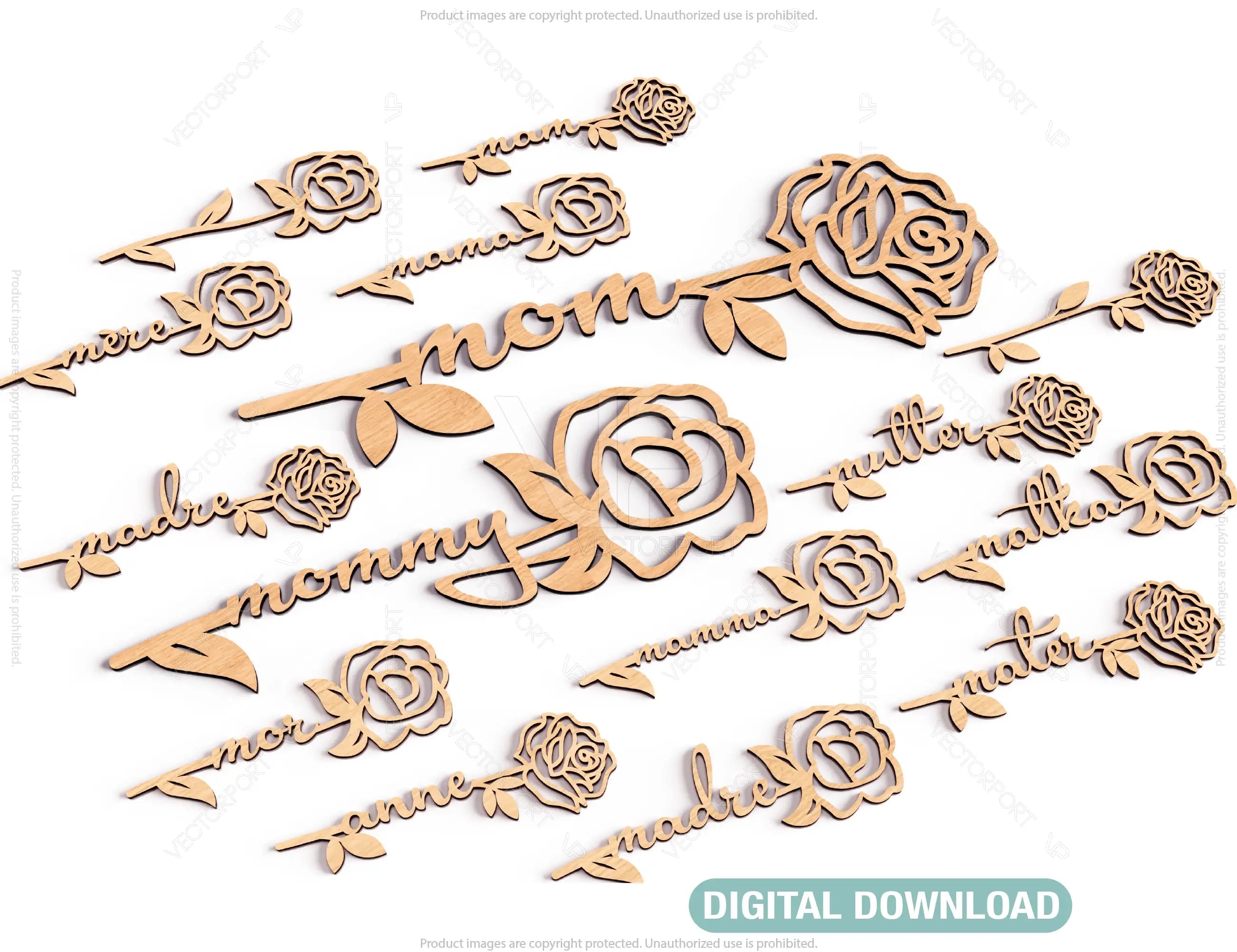 Mother's Day Personalized Roses Laser Cut Art Acrylic wood Flower in different languages | SVG, DXF |#139| VectorPort