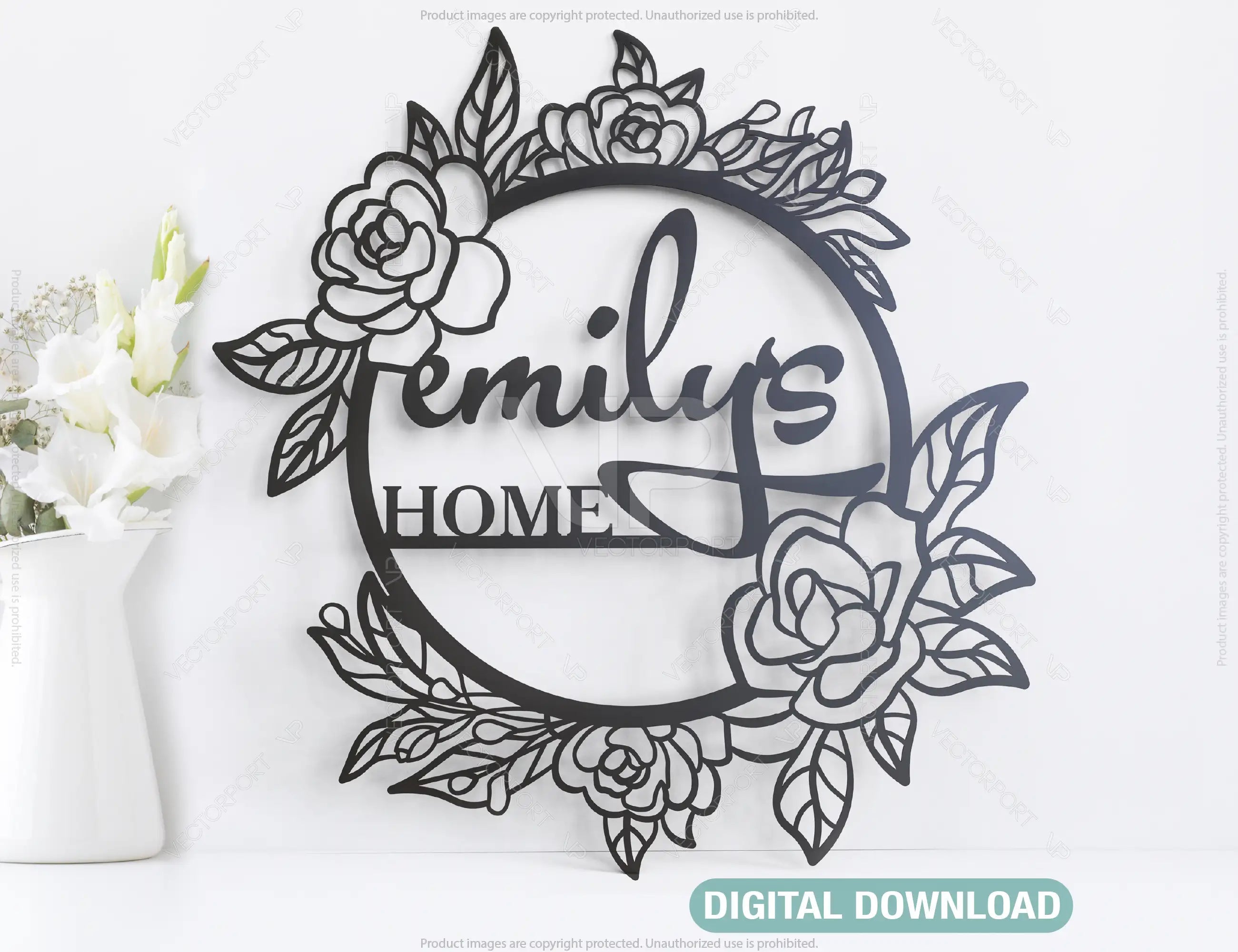 Personalized Flower Frame Monogram Decorative Name Sign Metal Wall Art Hanging Outdoor Plaque Laser Cut | SVG, DXF |#140| VectorPort