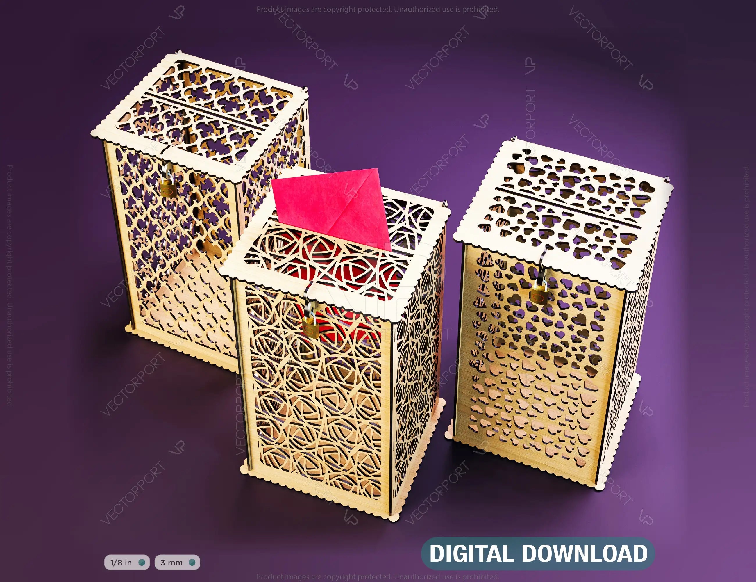 Wedding Gift Card Box Decoration Wooden Card Money Box Case With Lock Envelope Invitation Favor Birthday Glowforge | SVG, DXF |#143| VectorPort