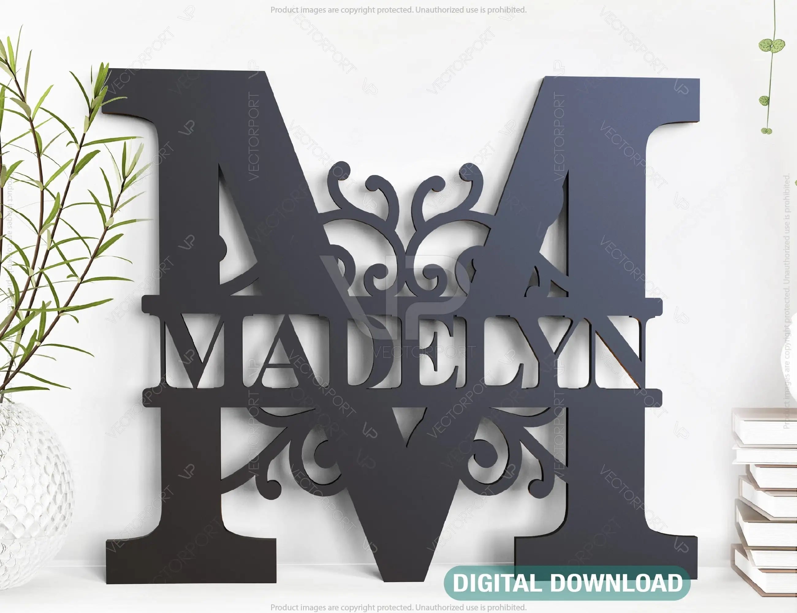 Floral Split Regal Personalized Monogram Alphabet Letters Laser Cut Name Sign Customizable Template |#U153| VectorPort
