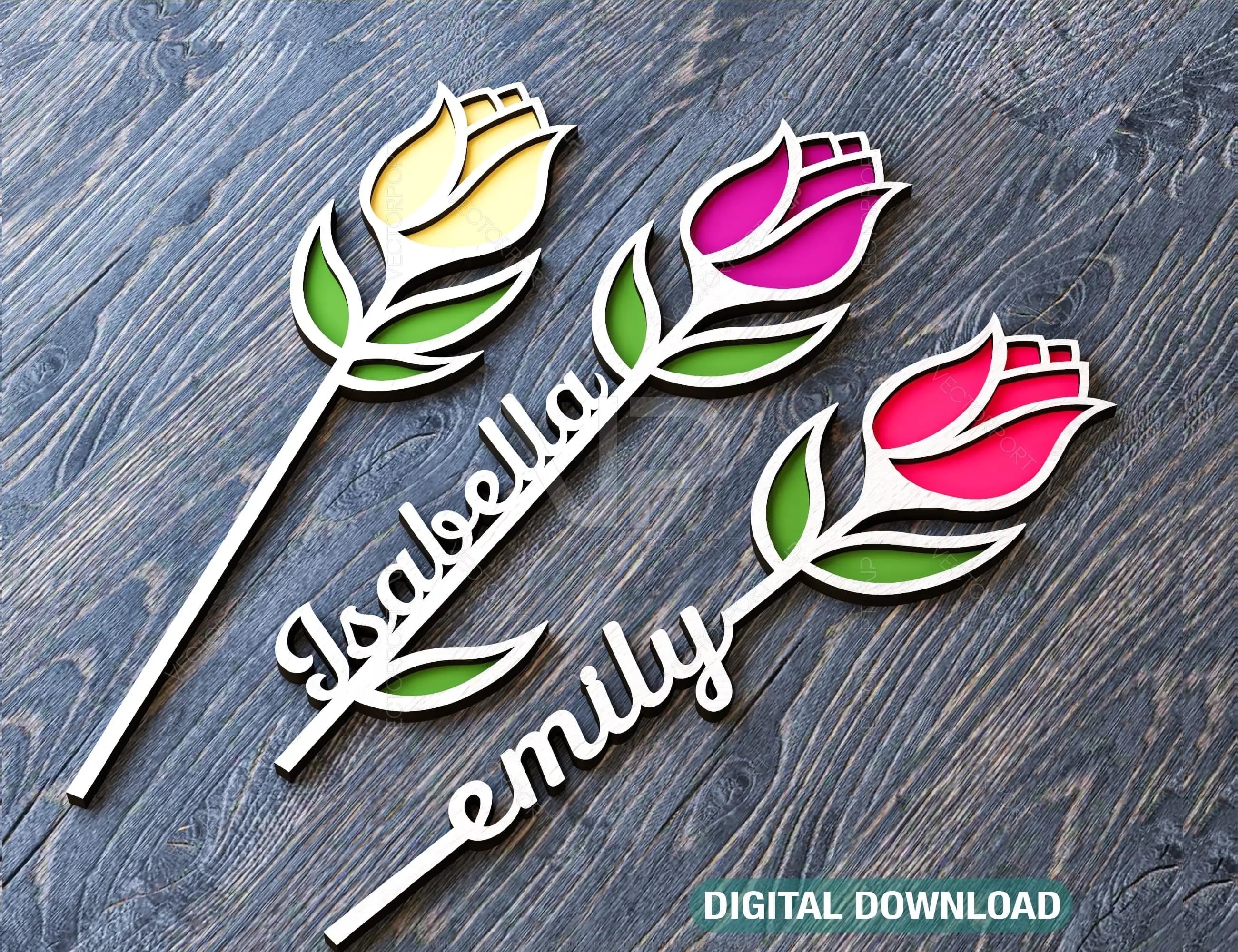 Tulip Personalized Flower Laser Cut Out Art Valentine Day Acrylic wood Flower with name editable Cut Files Digital Product |#U162| VectorPort