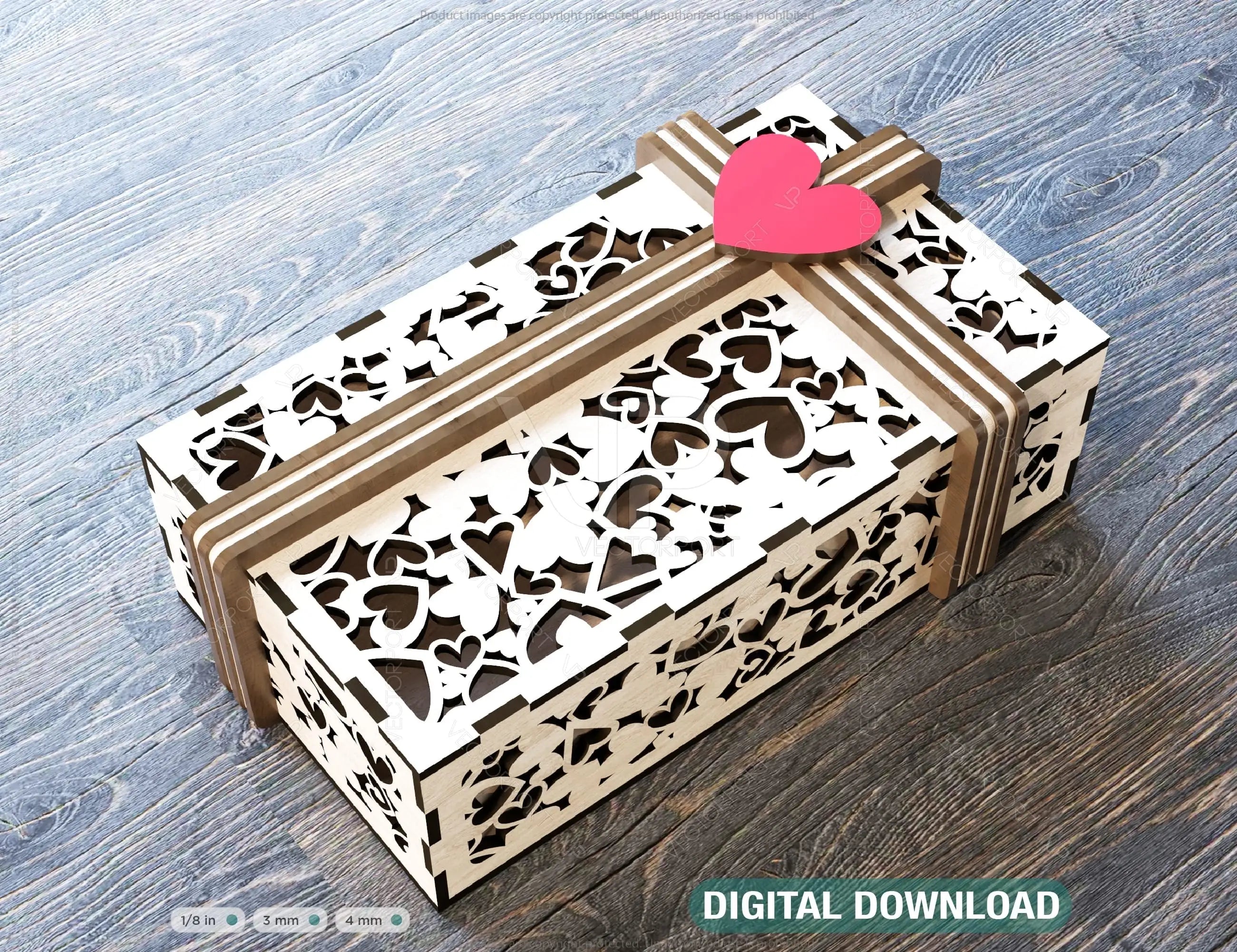 Valentine Day Gift Box with Ribbon Decorative Wooden laser cut jeweler case Wedding Love vector model Digital Download |#U163| VectorPort