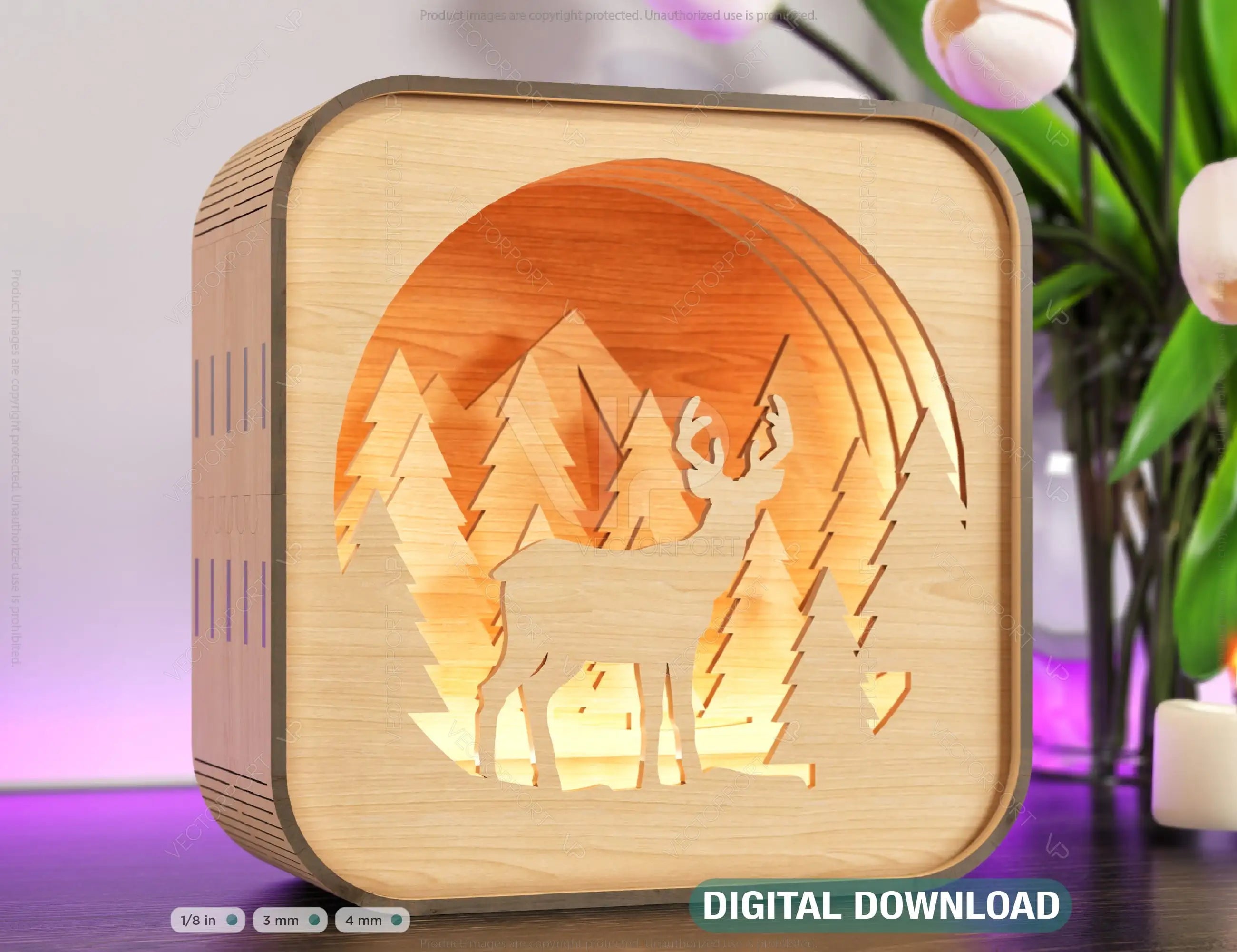 Wooden Night Lamp Deer Forest Scene Multilayer Shadowbox Laser Cut Lampshade Table Tea light |#165| VectorPort