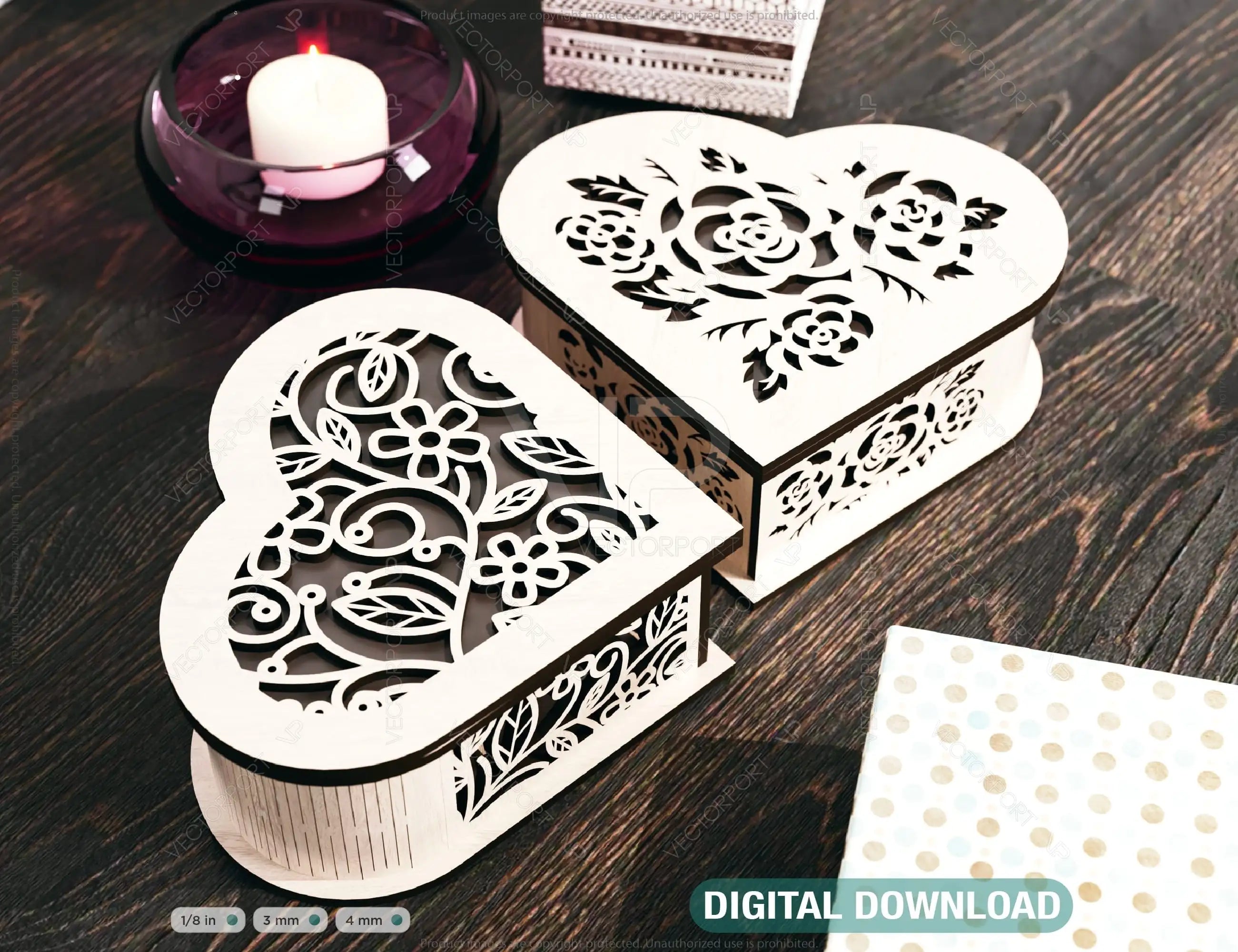 Flower pattern Wooden Heart shaped Jewelry laser cut Box template Wedding Love story vector model Digital Download | SVG, DXF |#U171| VectorPort