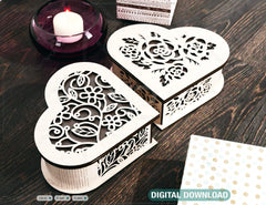 Flower pattern Wooden Heart shaped Jewelry laser cut Box template Wedding Love story vector model Digital Download | SVG, DXF |#U171|