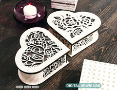 Flower pattern Wooden Heart shaped Jewelry laser cut Box template Wedding Love story vector model Digital Download | SVG, DXF |#U171| VectorPort