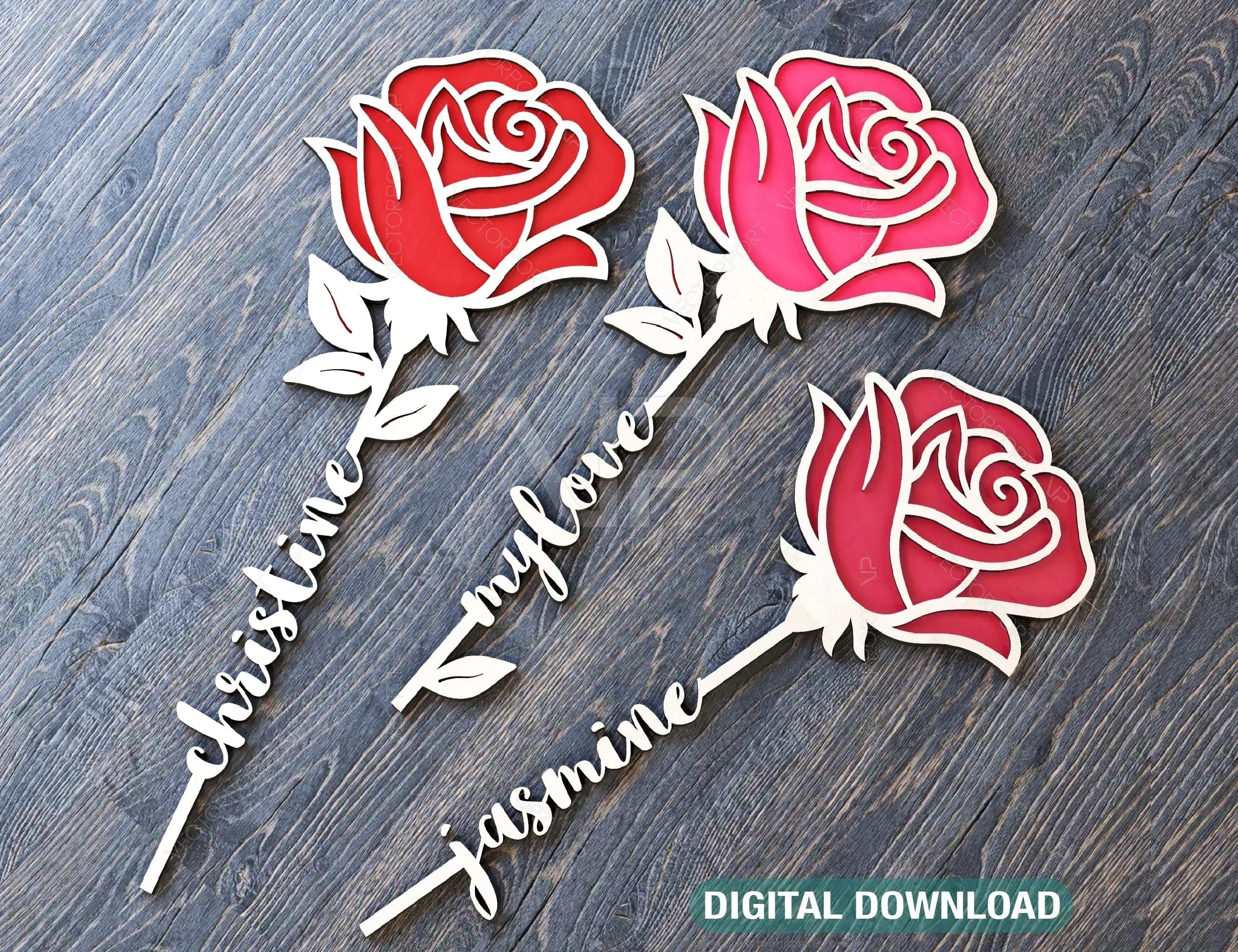 Rose Flower Personalized Laser Cut Out Art Valentine Day Acrylic wood Flower with name editable Cut Files Digital Product |#U178| VectorPort