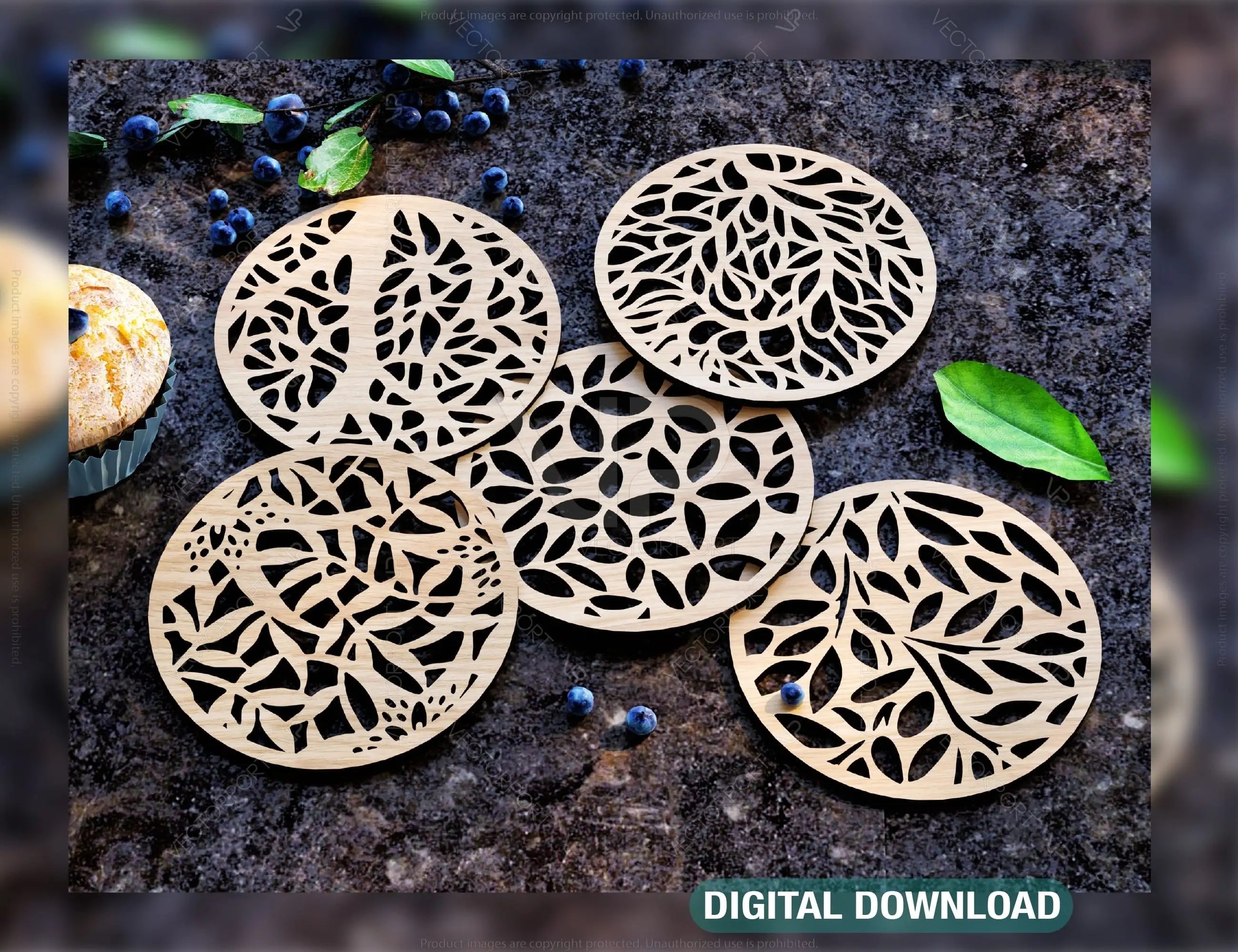 Round Laser Cut Wood Coasters Drink Tea Coffee Cup Mat Pad Placemat Tableware Digital Download | SVG, DXF |#U183| VectorPort