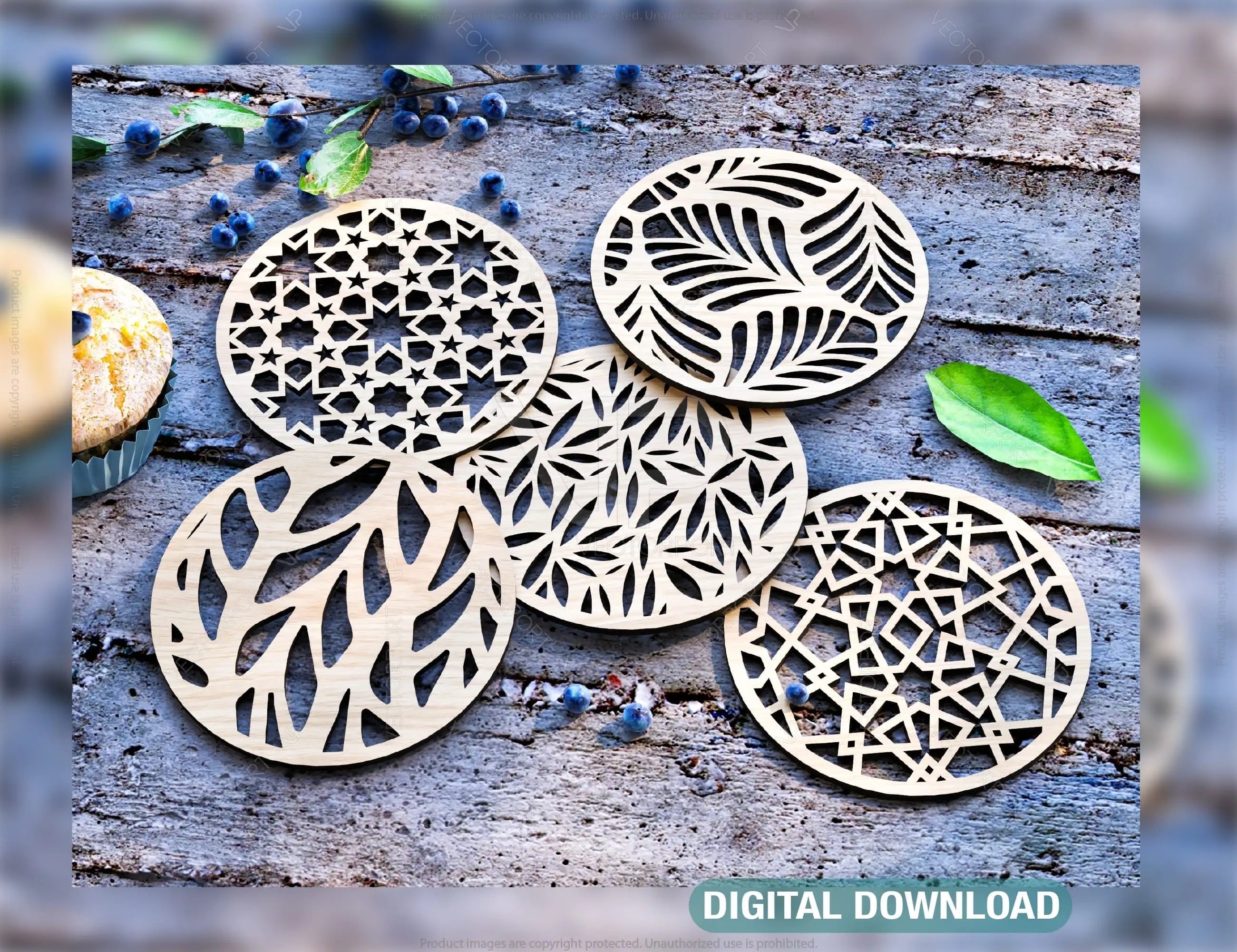 Round Laser Cut Wood Coasters Drink Tea Coffee Cup Mat Pad Placemat Tableware Digital Download | SVG, DXF |#U186| VectorPort
