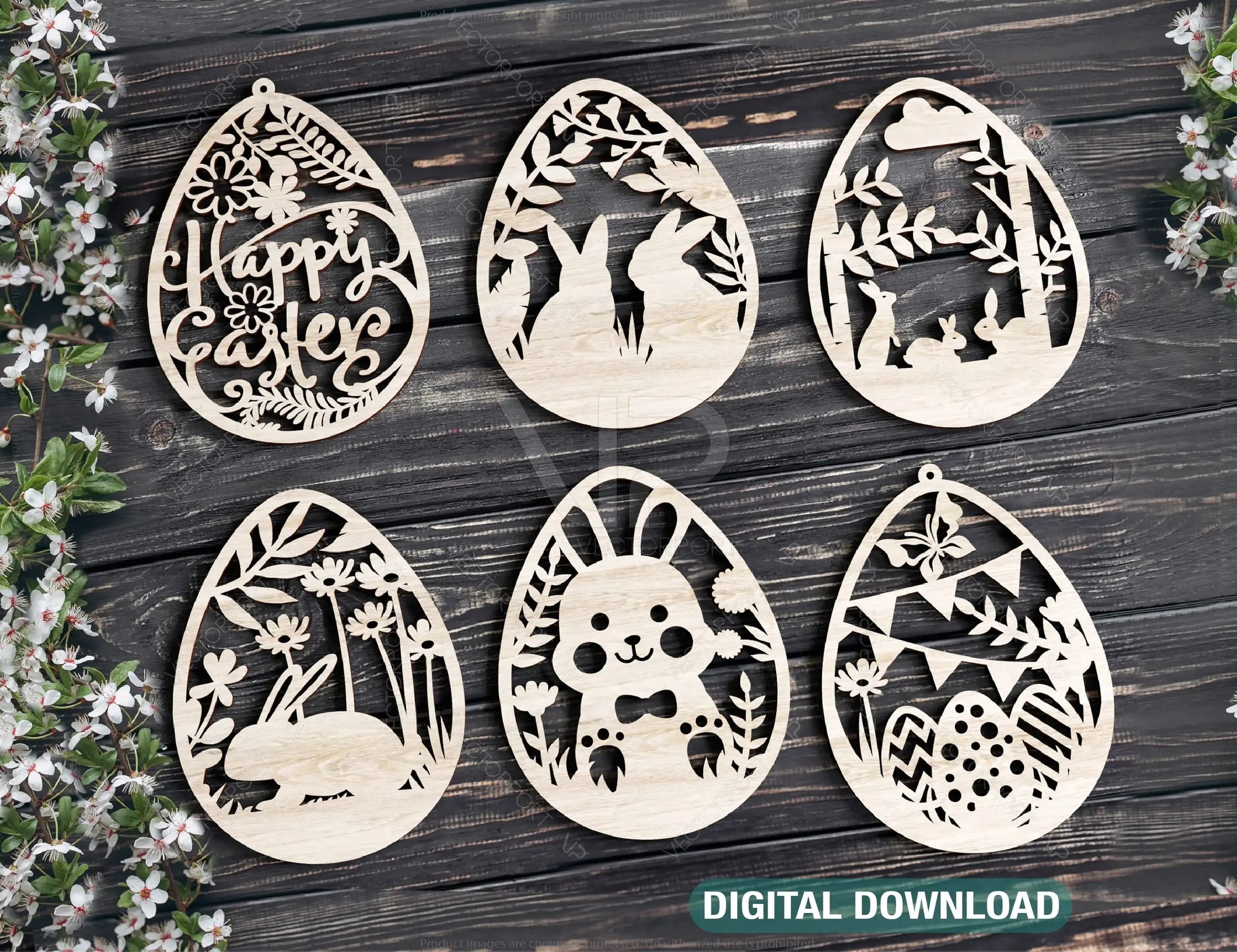 Easter Ornaments Laser Cut Files Egg SVG bundle, Floral 6 Elements Digital Download |#U190| VectorPort