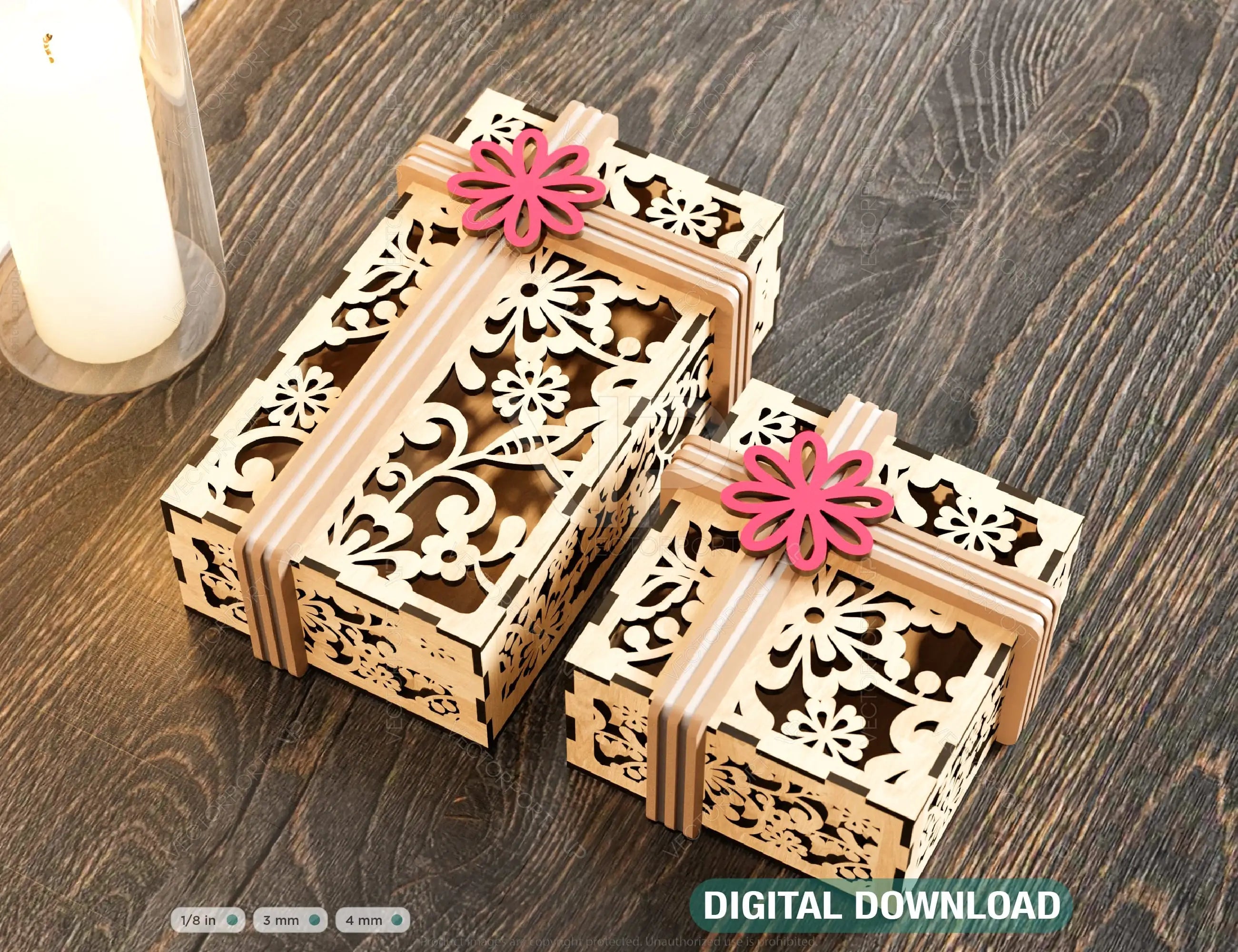 Gift Box Laser Cut with Ribbon Decorative Flowers pattern opener jeweler case Wedding Love vector Digital Download |#202| VectorPort