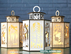 Deer Lantern Tea light Winter Snowy Forest with Deer Lantern Candle Holder Laser Cut plywood Votive Gift Wooden Lantern Digital Download SVG |#217| VectorPort