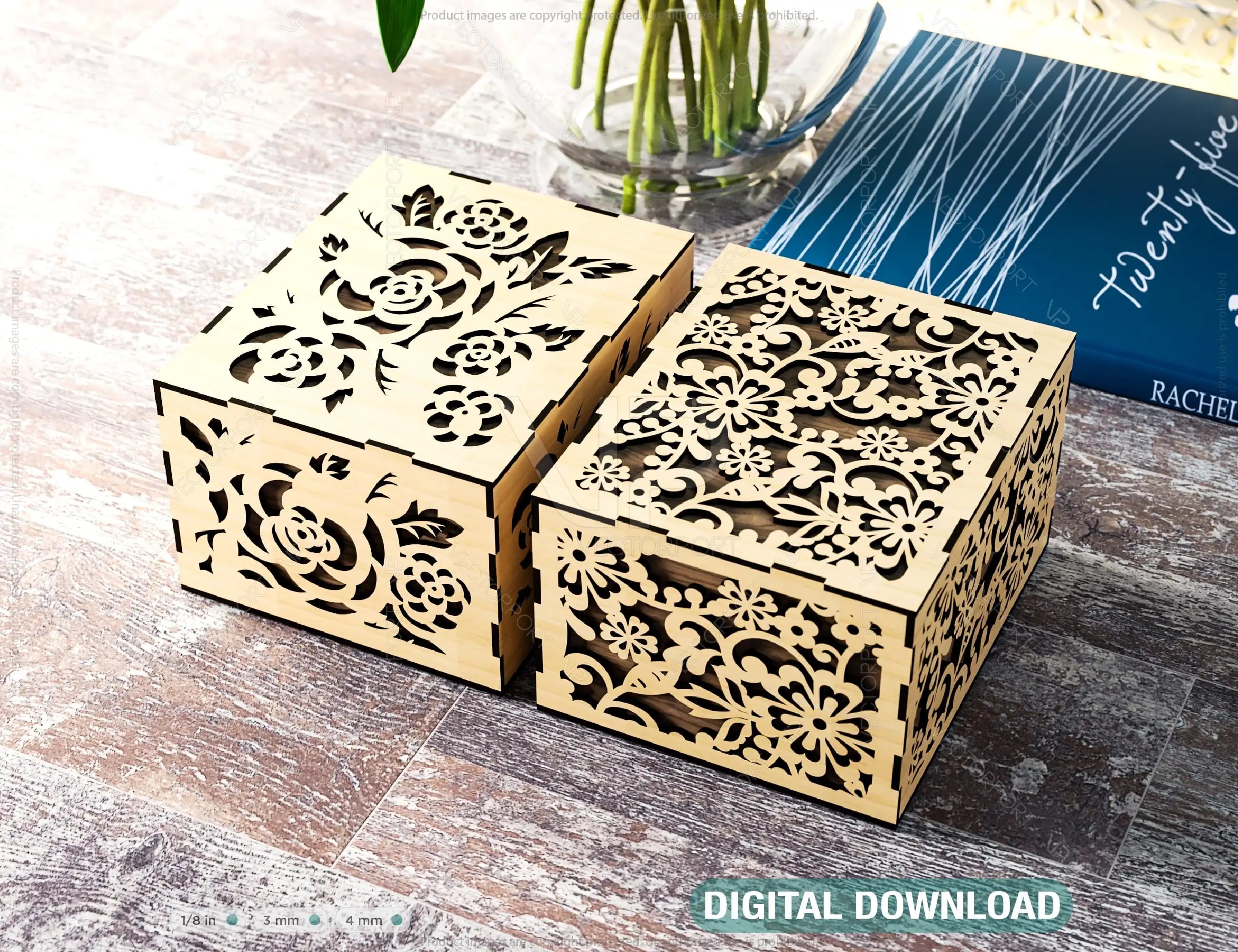 Laser Cut Decorative Gift Box with Flowers pattern, Opener Jeweler Case Wedding Favor box Gift for Her Digital Download |#221| VectorPort