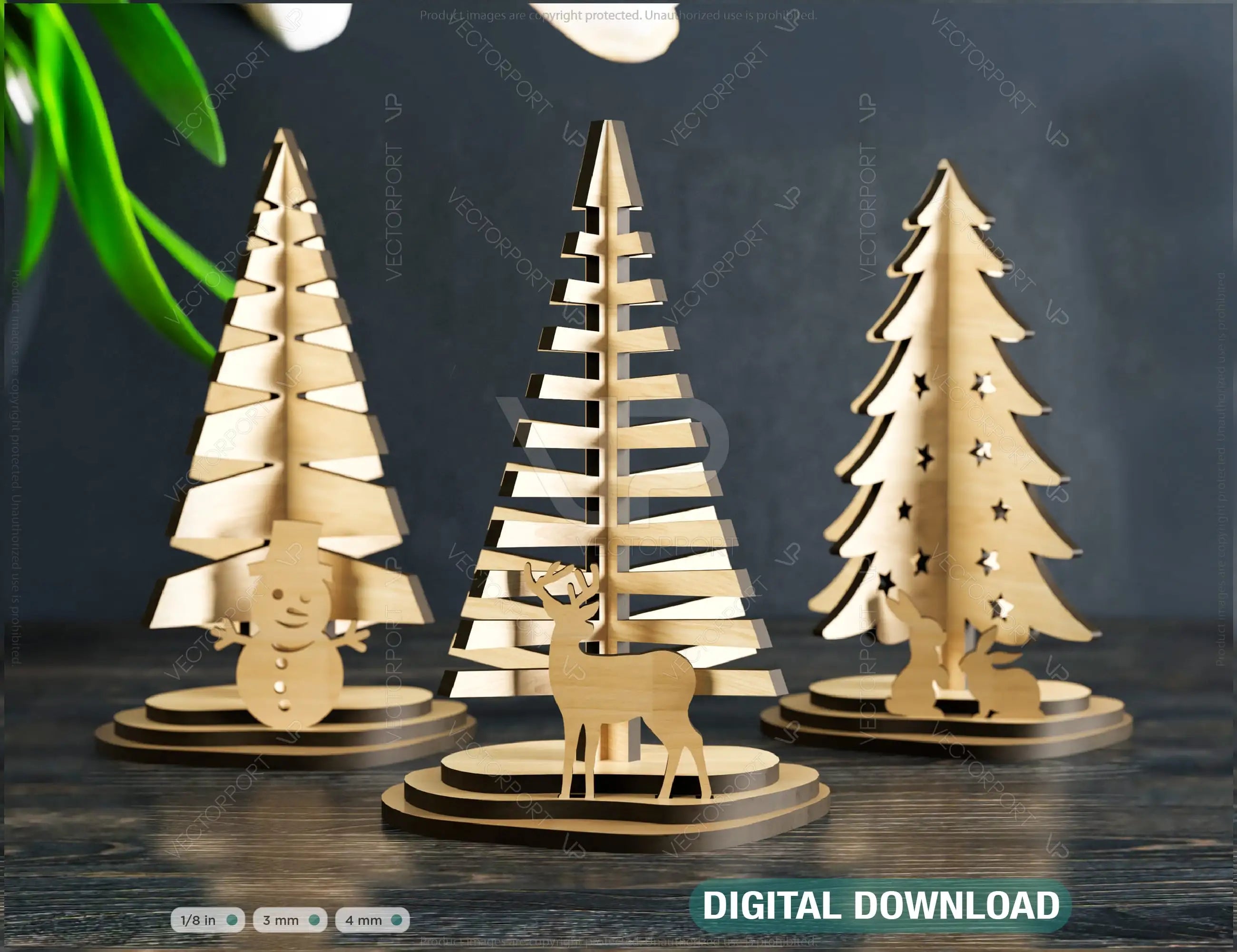 Standing Christmas Trees with Deer Rabbit and Snowman Laser cut files Digital Download | SVG |#227| VectorPort
