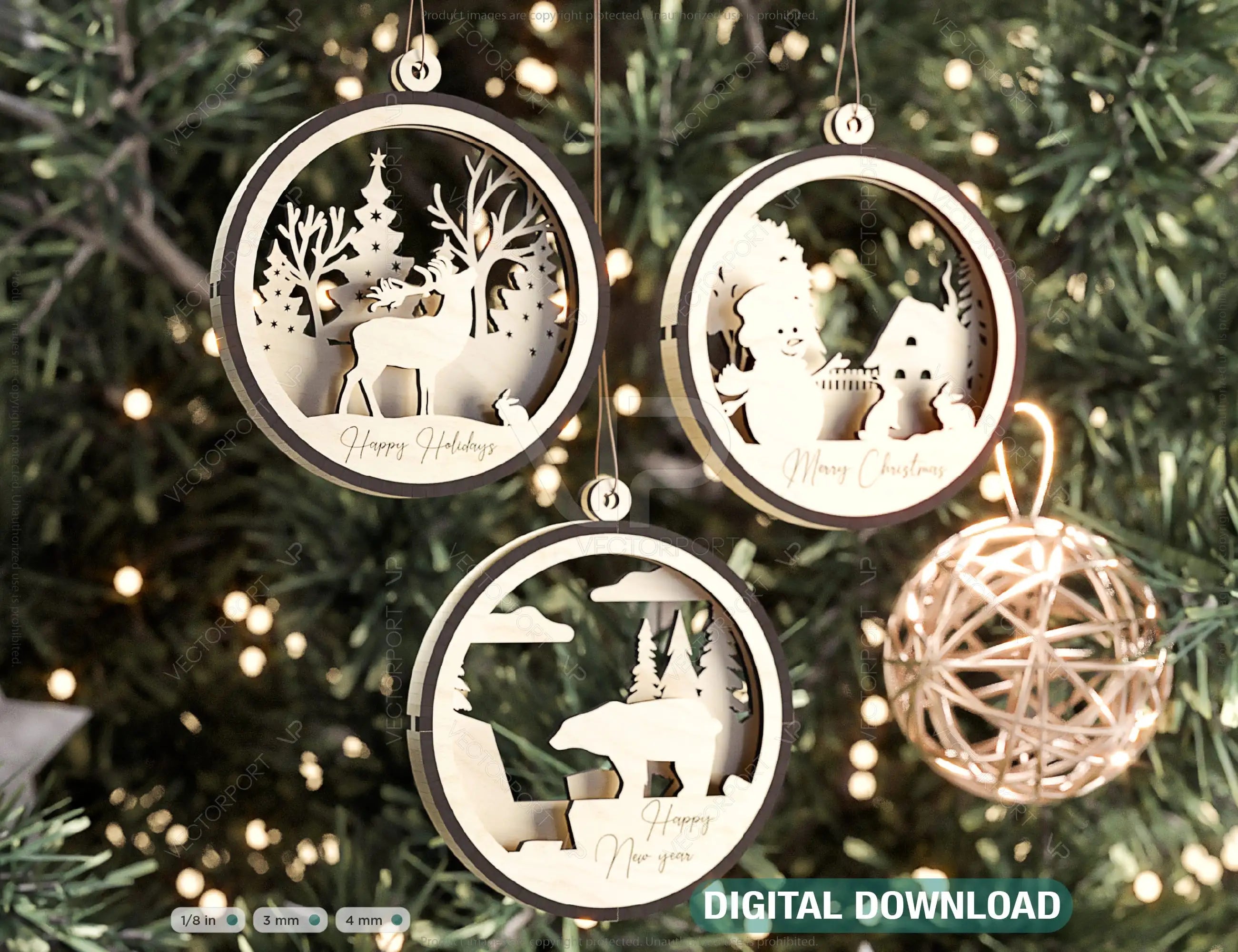 Christmas Balls Tree Decorations Craft Hanging Bauble Snowy Scene Deer carving stencil laser cut Digital Download |#230| VectorPort