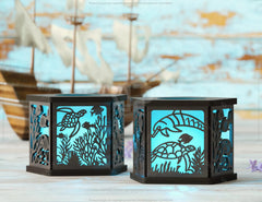 Ocean Serenity: 3D Underwater Laser Cut Lantern with Dolphins, Sea Turtles, and Coral Tealight Candle Holder Night Light Digital Download |#241| VectorPort